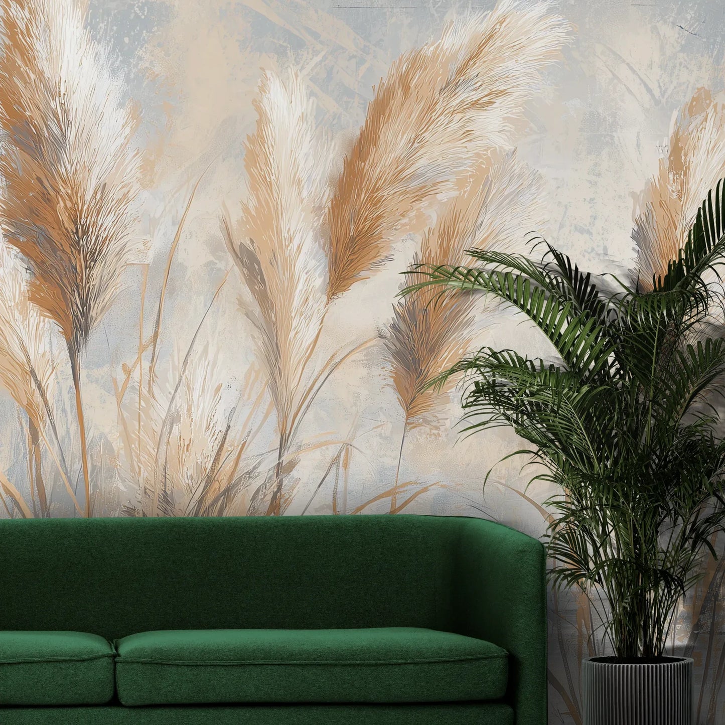 Fototapeta OPALINE HARVEST - tapeta z delikatną trawą pampasową pokazana w aranżacji wnętrza z akcentem na ścianie.