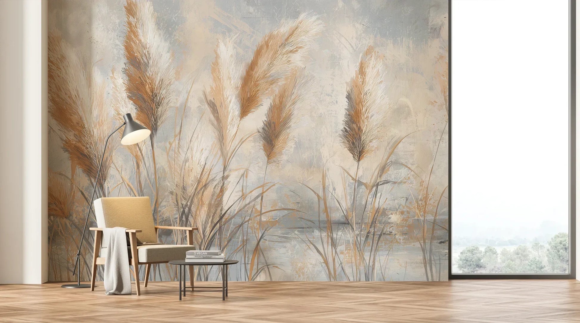 Wzór fototapety OPALINE HARVEST - tapeta z delikatną trawą pampasową pokazanej w aranżacji salonu.