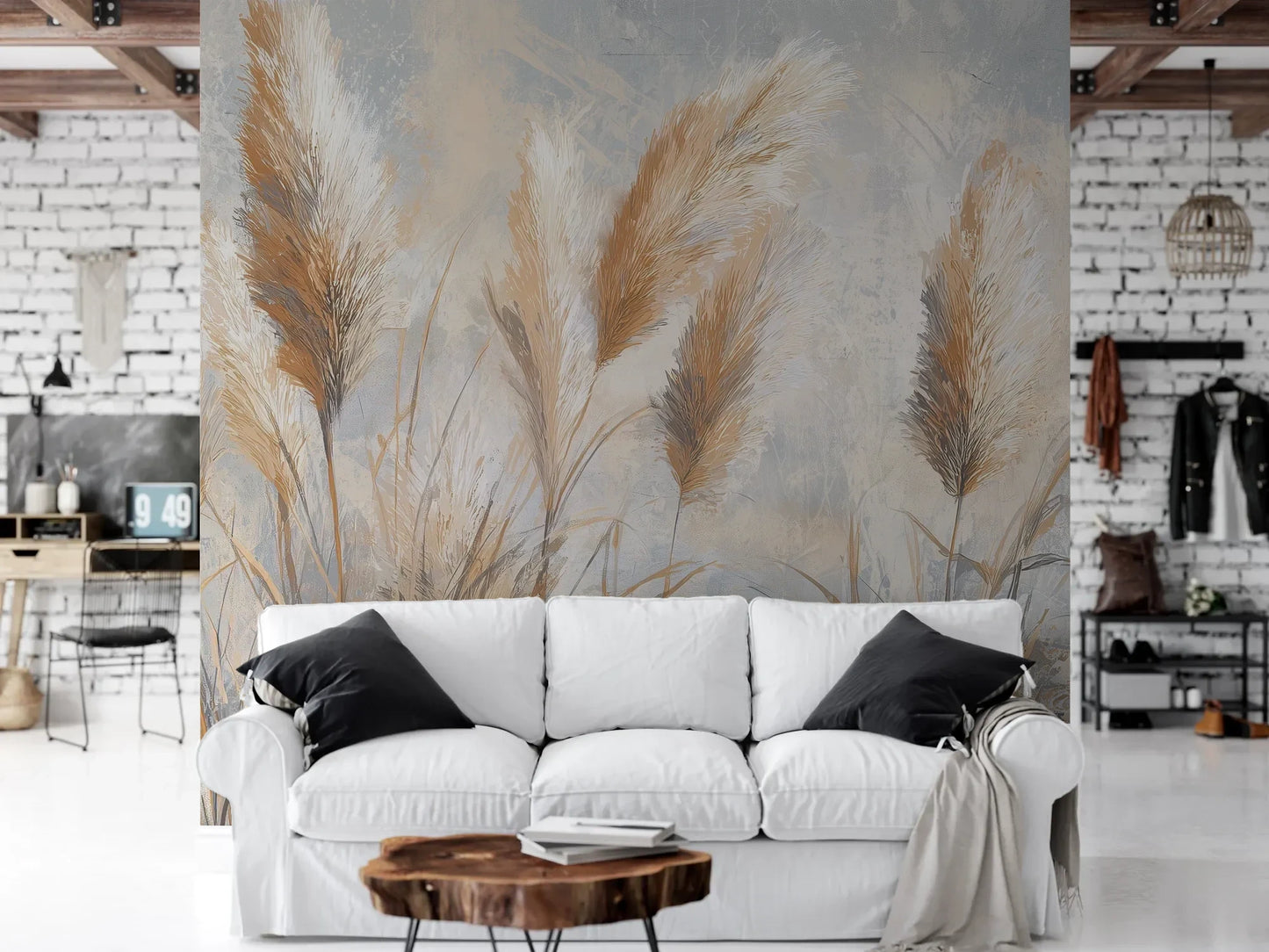 Wzór fototapety OPALINE HARVEST - tapeta z delikatną trawą pampasową pokazanej w aranżacji salonu.