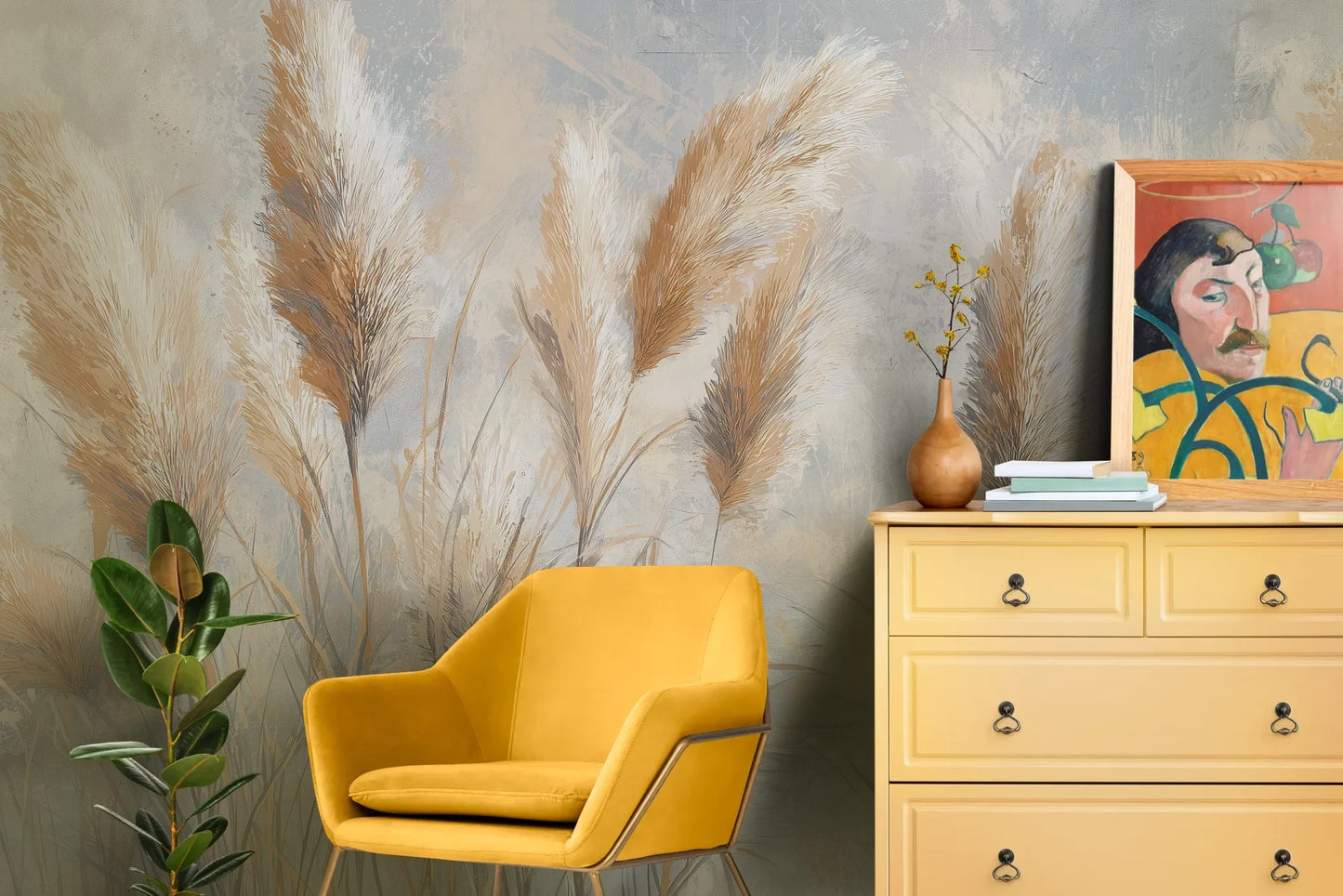 Wzór fototapety OPALINE HARVEST - tapeta z delikatną trawą pampasową pokazanej w aranżacji salonu.