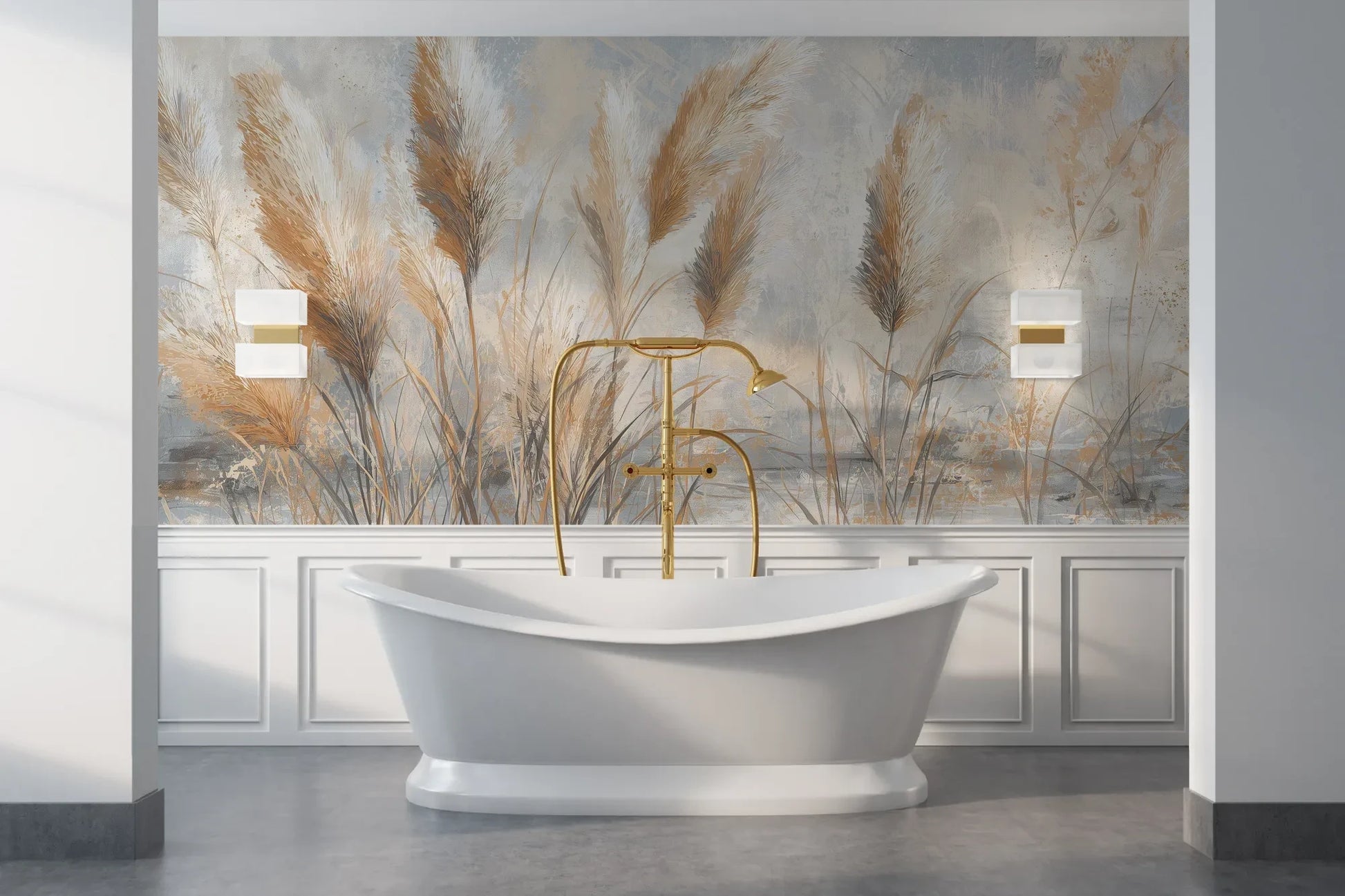 Wzór fototapety OPALINE HARVEST - tapeta z delikatną trawą pampasową pokazanej w aranżacji łazienki.