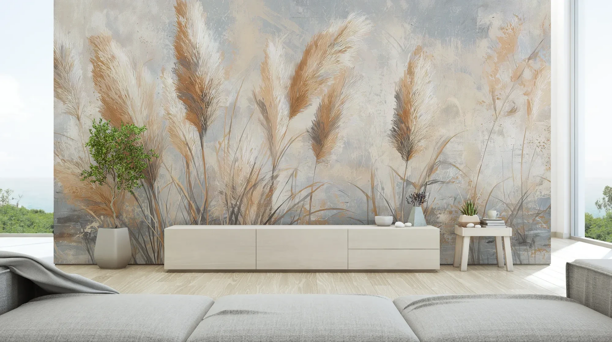 Wzór fototapety OPALINE HARVEST - tapeta z delikatną trawą pampasową pokazanej w aranżacji salonu.