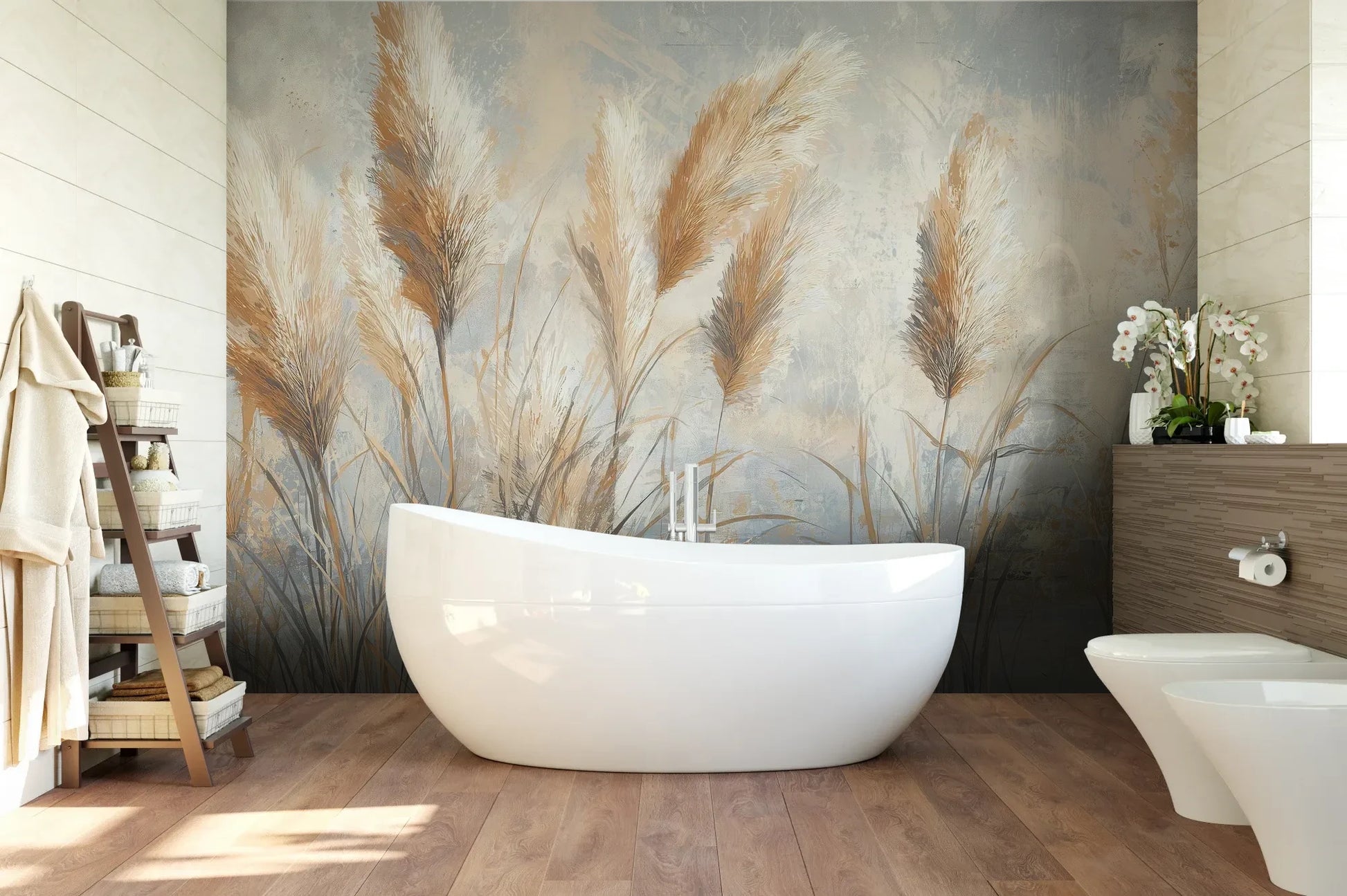 Wzór fototapety OPALINE HARVEST - tapeta z delikatną trawą pampasową pokazanej w aranżacji łazienki.