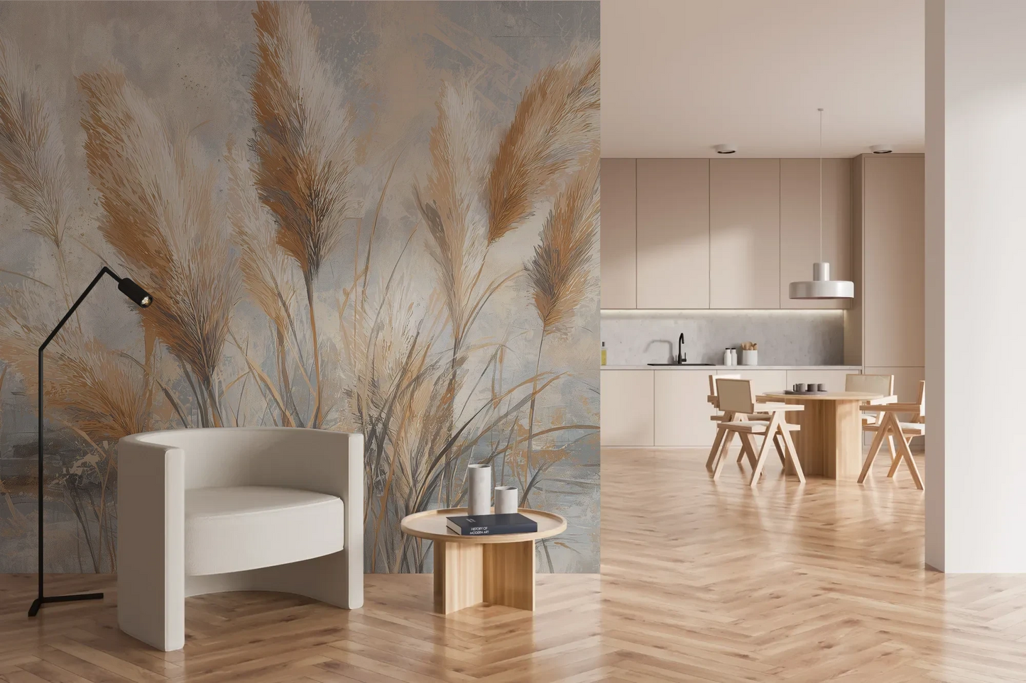 Wzór fototapety OPALINE HARVEST - tapeta z delikatną trawą pampasową pokazanej w aranżacji kuchni.