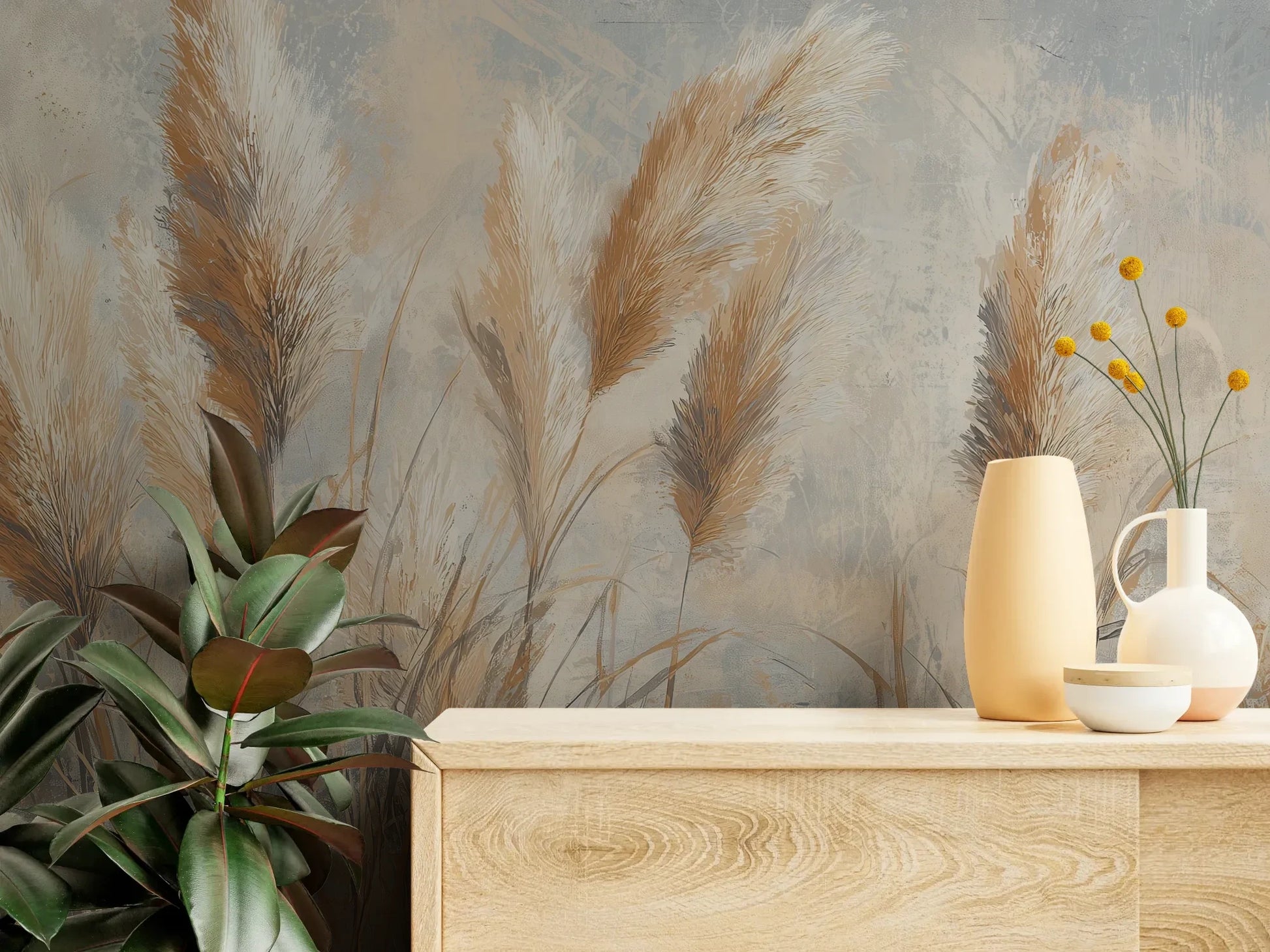 Fototapeta OPALINE HARVEST - tapeta z delikatną trawą pampasową pokazana w aranżacji wnętrza z akcentem na ścianie.