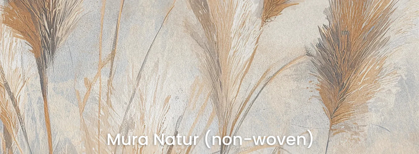 Zbliżenie na fototapetę OPALINE HARVEST - tapeta z delikatną trawą pampasową na naturalnym podłożu ekologicznym.