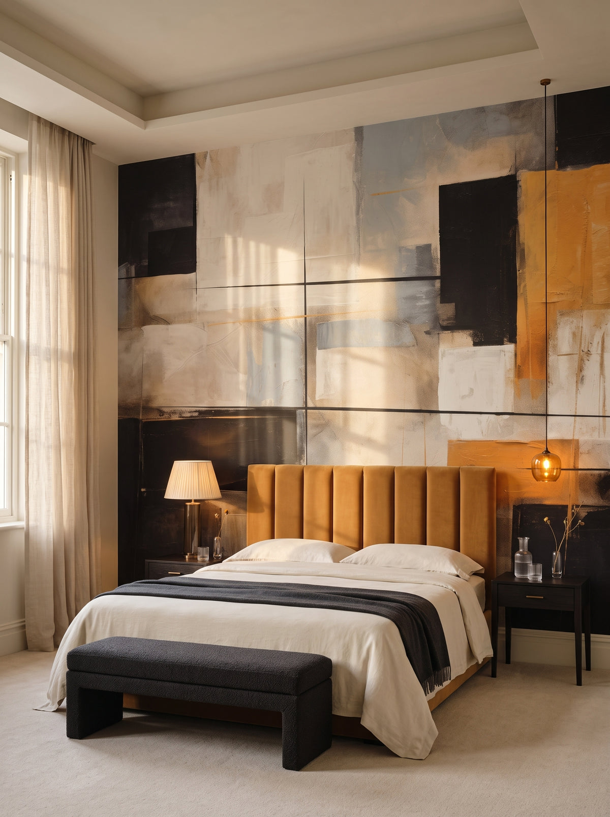 Künstlerische Fototapete „Harmonious Geometric Patchwork“ im Interieur: Suite in einem Fünf-Sterne-Hotel im Quiet-Luxury-Stil.