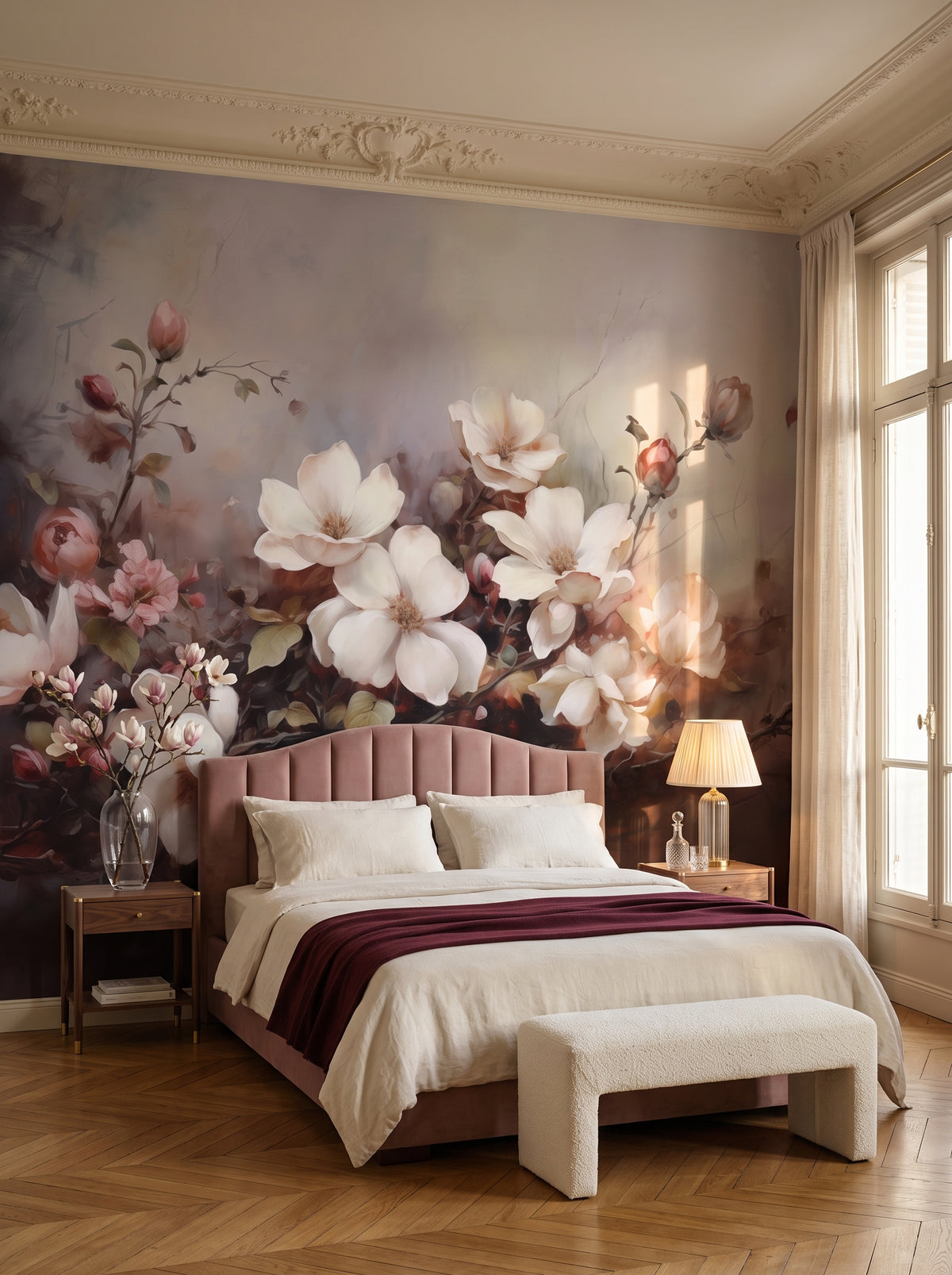 Fototapeta artystyczna o nazwie Ivory Magnolia Garden w aranżacji wnętrza: sypialnia w paryskim apartamencie.