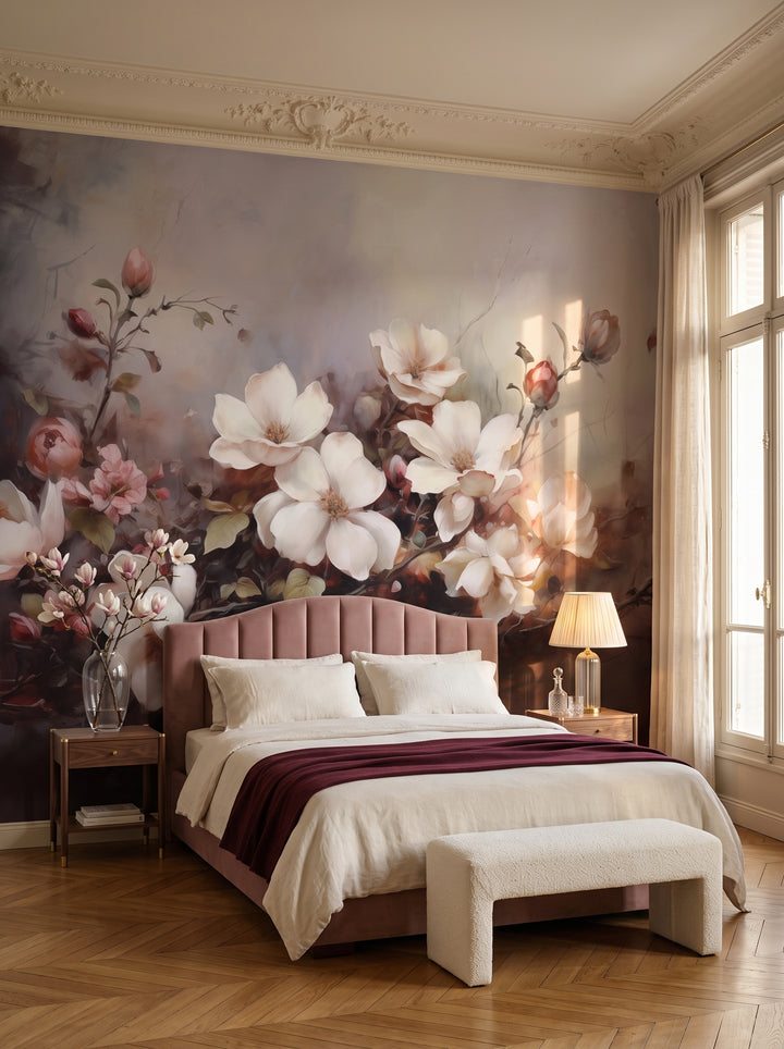 Fototapeta artystyczna o nazwie Ivory Magnolia Garden w aranżacji wnętrza: sypialnia w paryskim apartamencie.