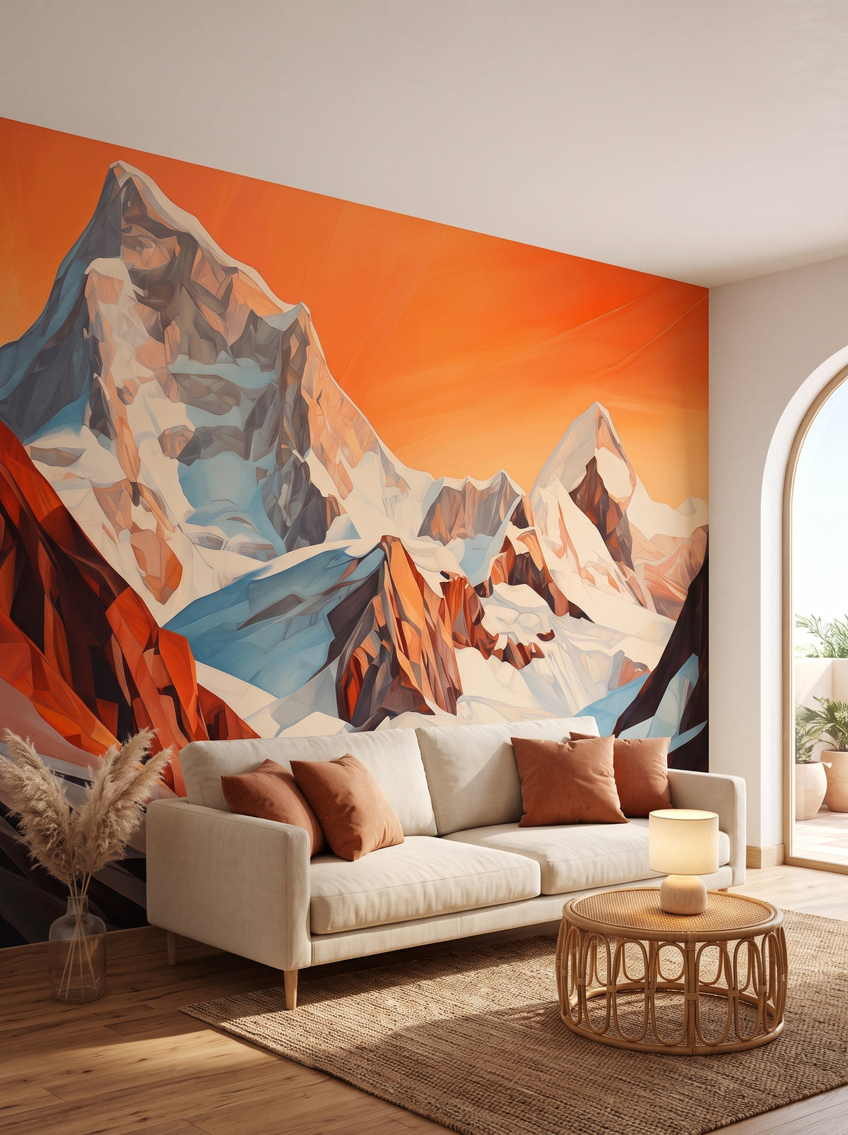 Fototapeta artystyczna o nazwie Geometric Sunrise w aranżacji wnętrza: salon w eleganckim stylu boho.