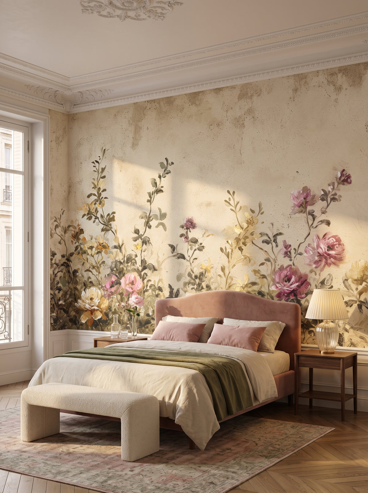 Fototapeta artystyczna o nazwie Vintage Blossom Array w aranżacji wnętrza: sypialnia w paryskim apartamencie haussmannowskim.