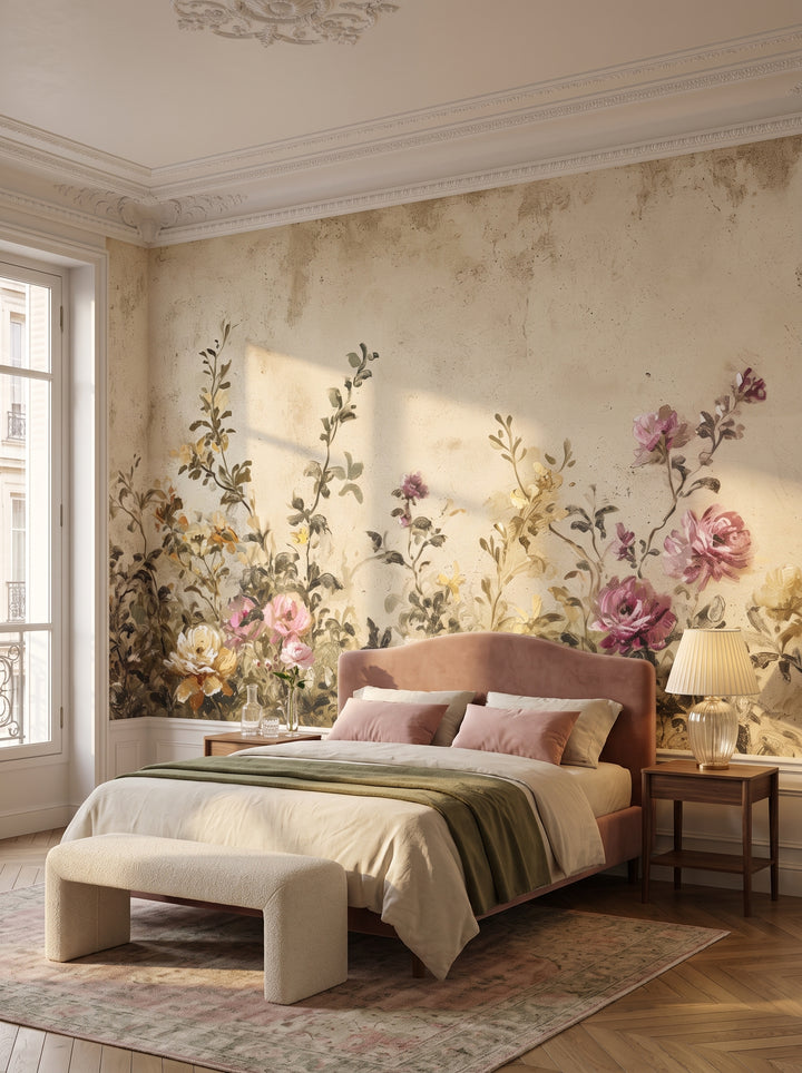 Fototapeta artystyczna o nazwie Vintage Blossom Array w aranżacji wnętrza: sypialnia w paryskim apartamencie haussmannowskim.