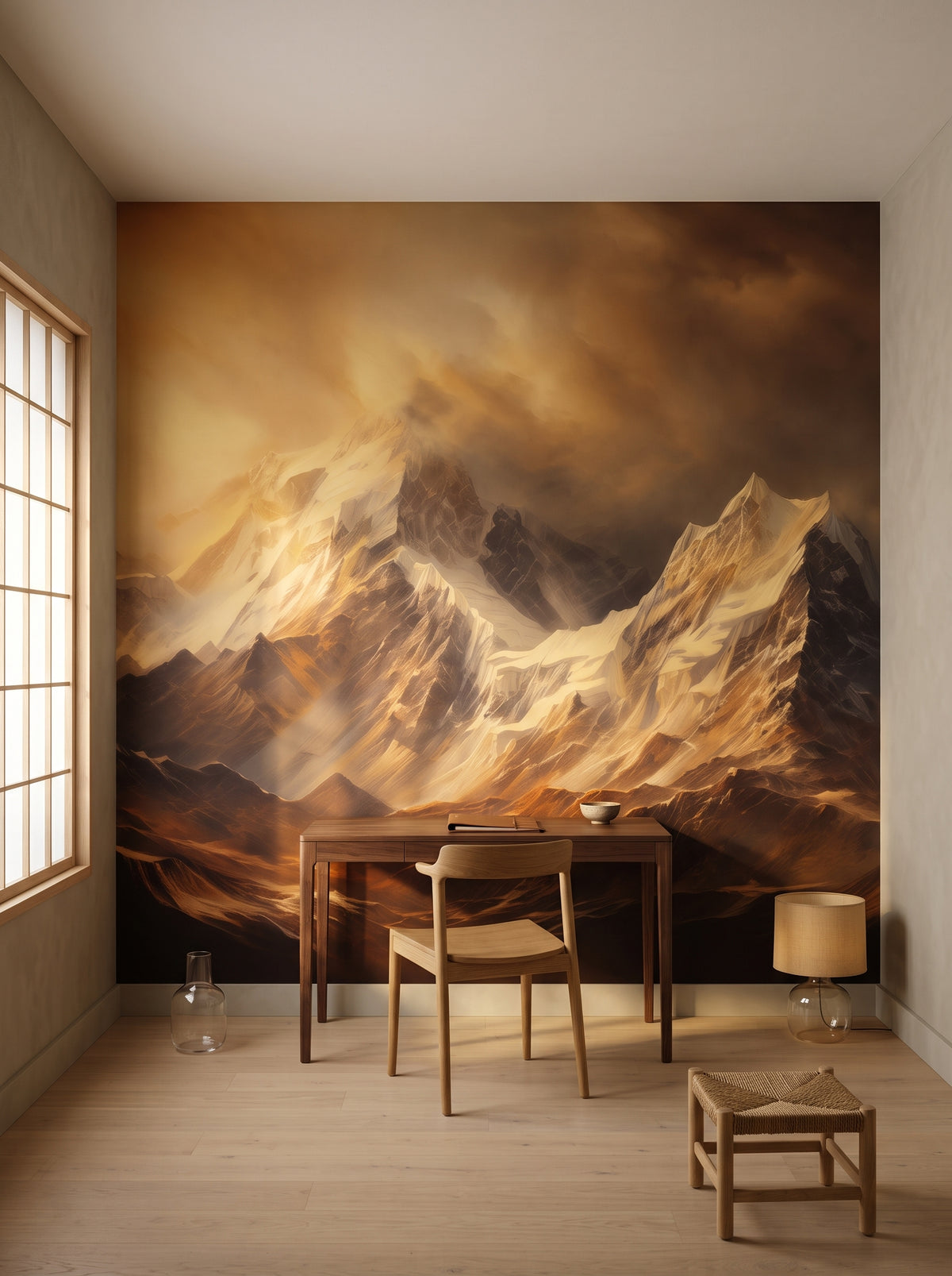 Fototapeta artystyczna o nazwie Golden Mountain Glow w aranżacji wnętrza: gabinet w stylu japandi.