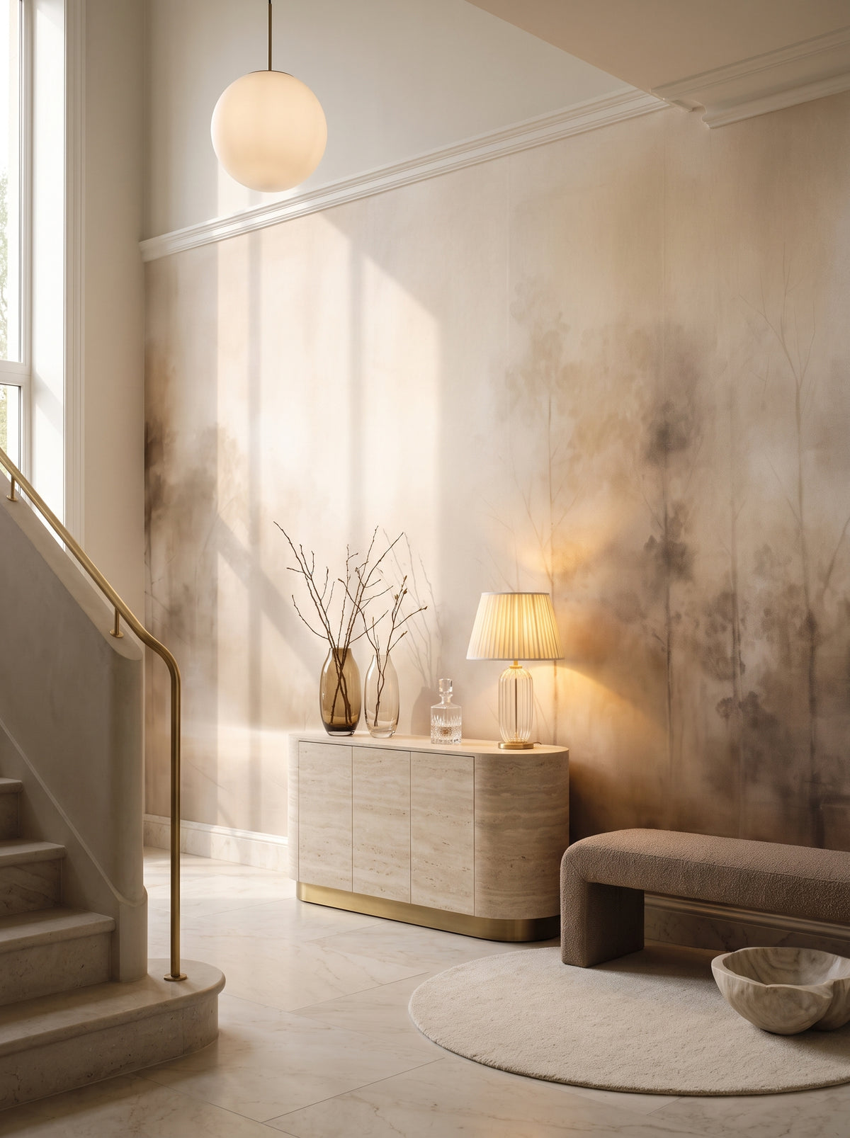 Künstlerische Fototapete „MISTY MORNING VEIL MURAL“ im Interieur: Eingangshalle einer Residenz im Modern-Classic-Stil.