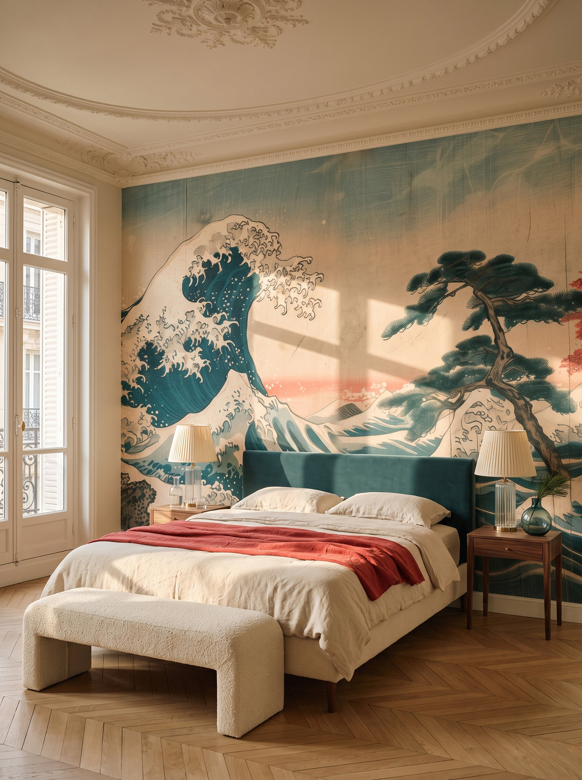 Fototapeta artystyczna o nazwie Tidal Harmony w aranżacji wnętrza: sypialnia w paryskim apartamencie.