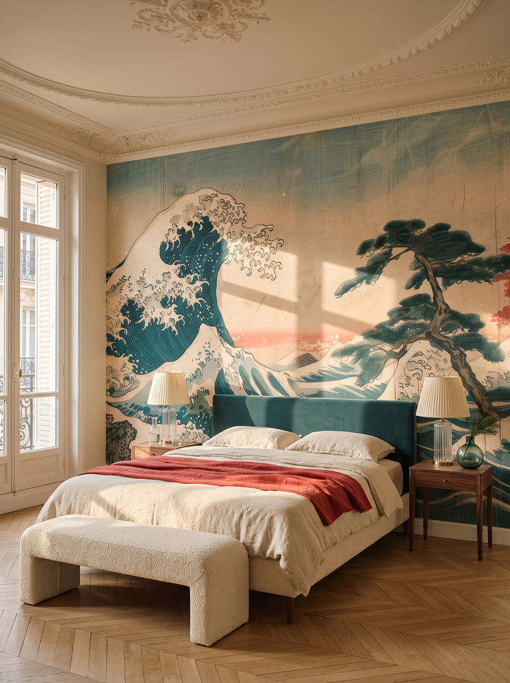 Fototapeta artystyczna o nazwie Tidal Harmony w aranżacji wnętrza: sypialnia w paryskim apartamencie.