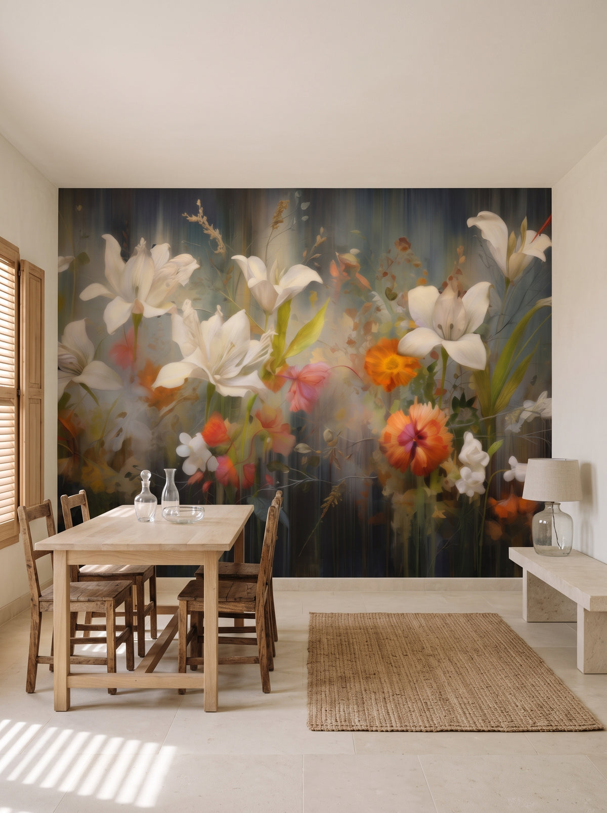 Fototapeta artystyczna o nazwie Vibrant Blossom Symphony w aranżacji wnętrza: jadalnia w śródziemnomorskiej willi.