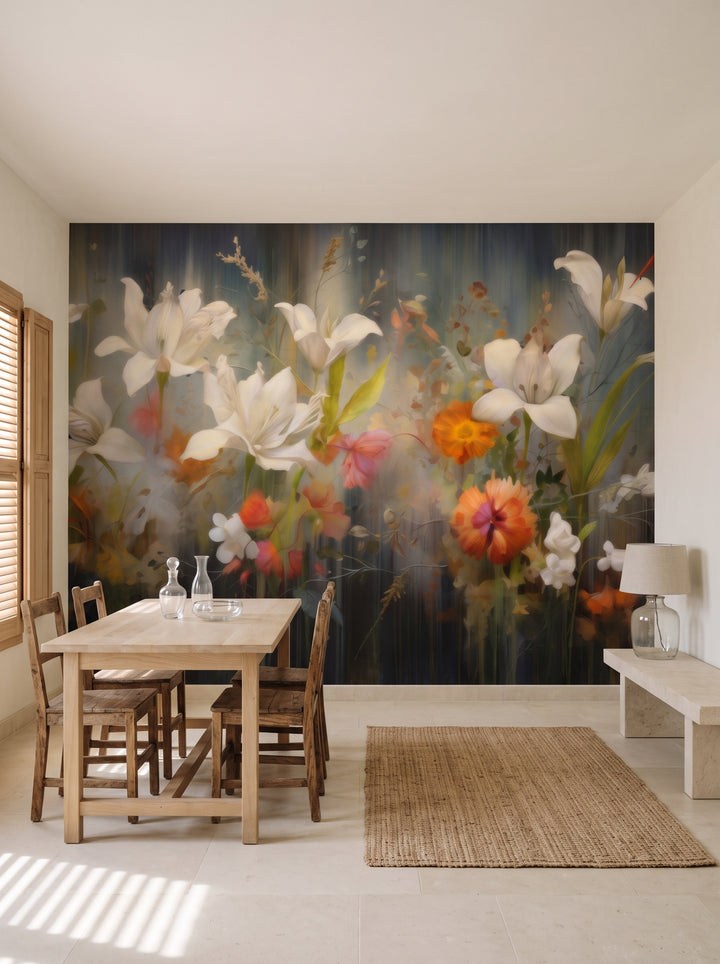 Fototapeta artystyczna o nazwie Vibrant Blossom Symphony w aranżacji wnętrza: jadalnia w śródziemnomorskiej willi.