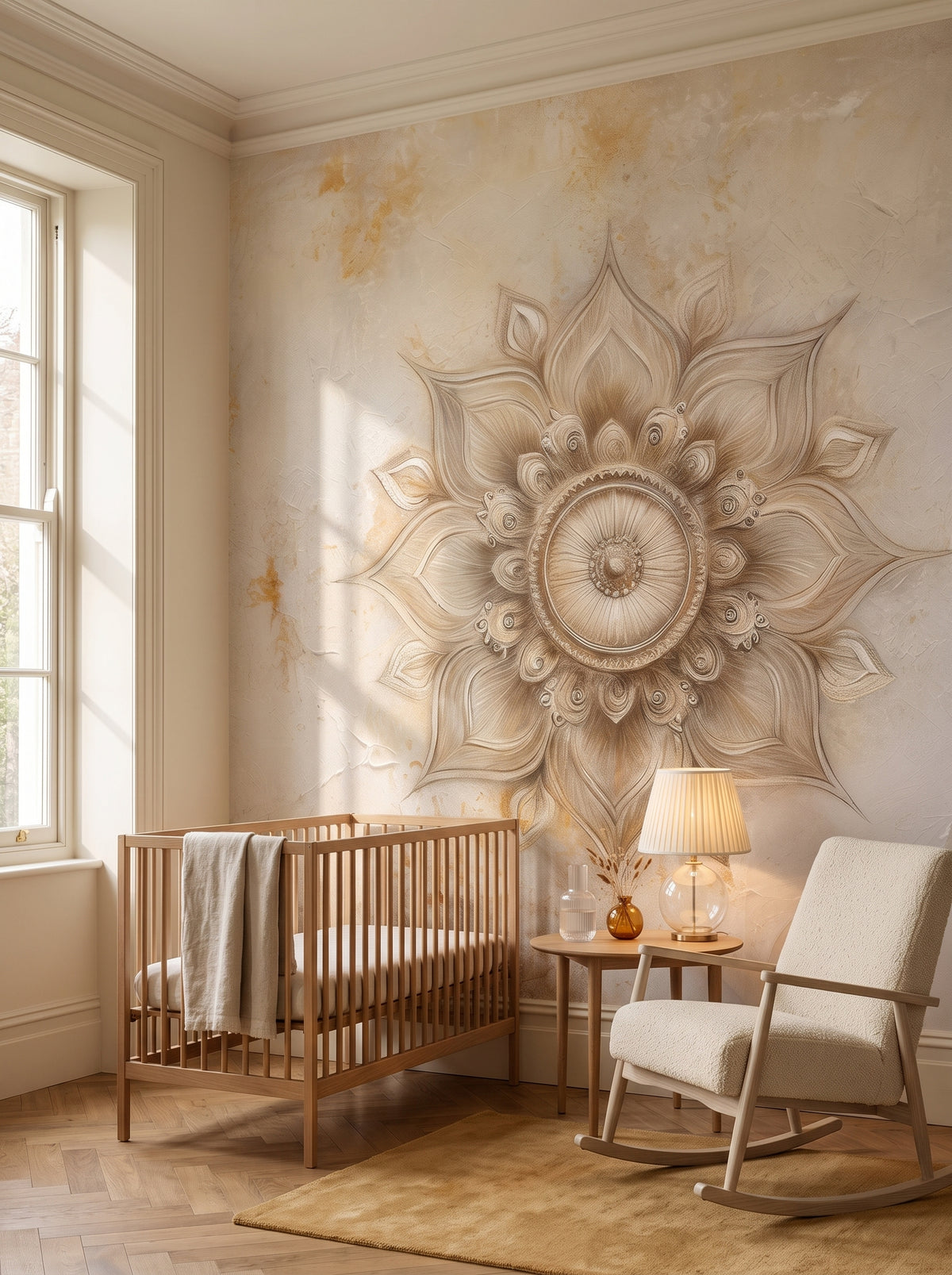 Fototapeta artystyczna o nazwie Golden Mandala w aranżacji wnętrza: elegancki pokój dziecięcy w miejskiej kamienicy.