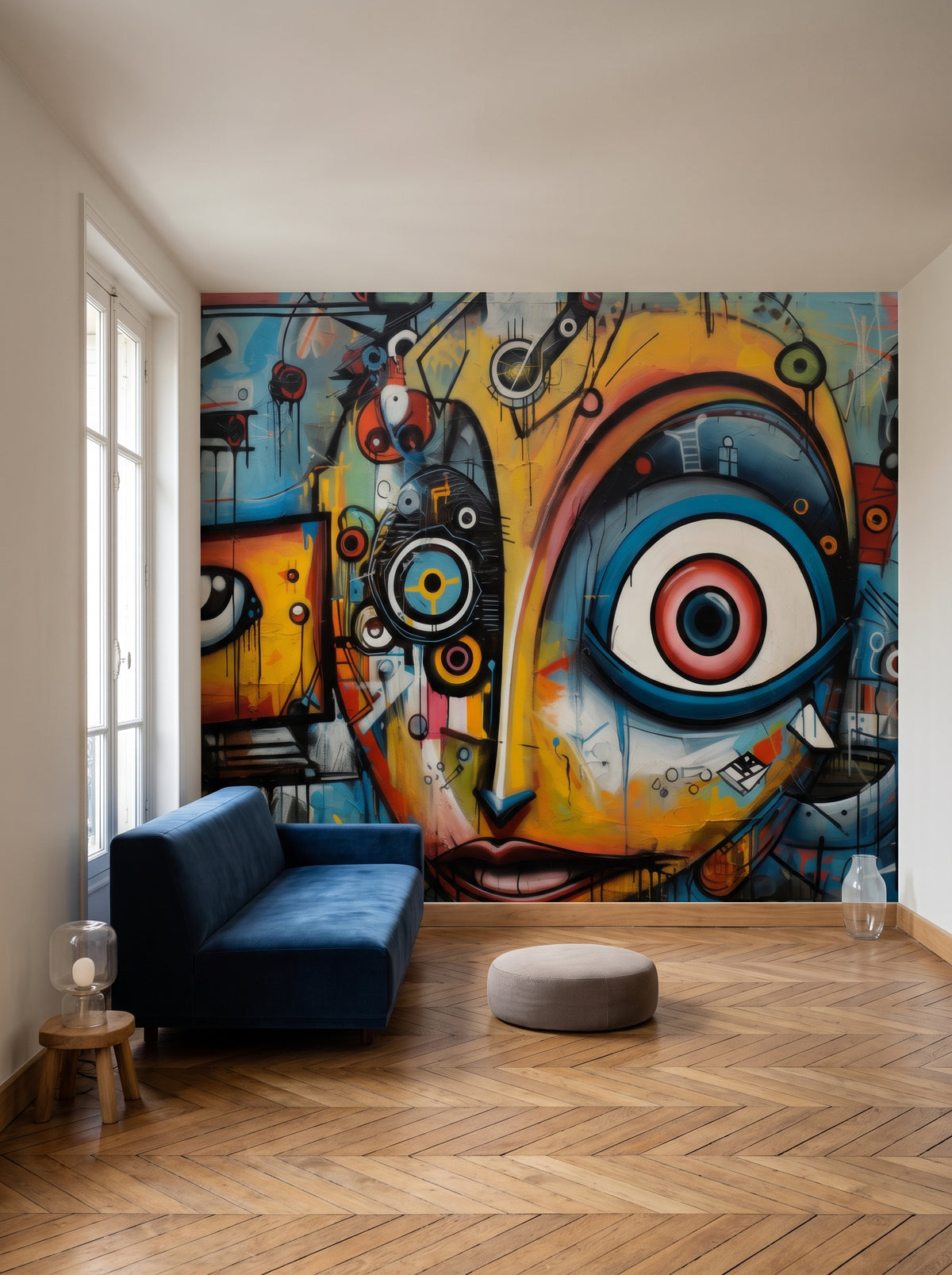 Fototapeta artystyczna o nazwie Watchful Eyes w aranżacji wnętrza: salon w paryskim mieszkaniu artysty.