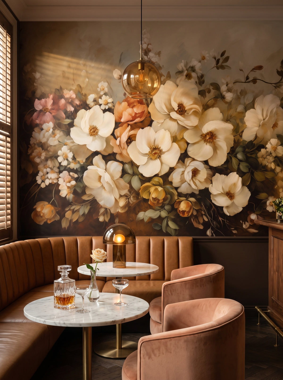 Fototapeta artystyczna o nazwie Classic Floral Harmony w aranżacji wnętrza: bar-lounge w butikowym hotelu.