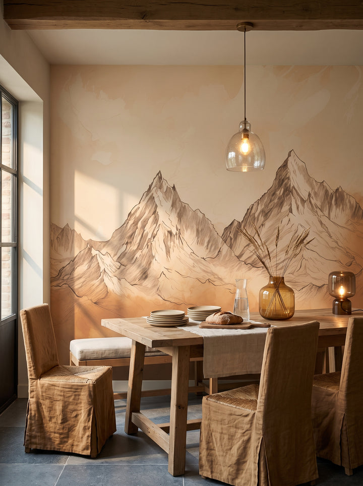 Fototapeta artystyczna o nazwie Sepia Mountain Range w aranżacji wnętrza: kuchnia z jadalnią w belgijskim domu wiejskim.