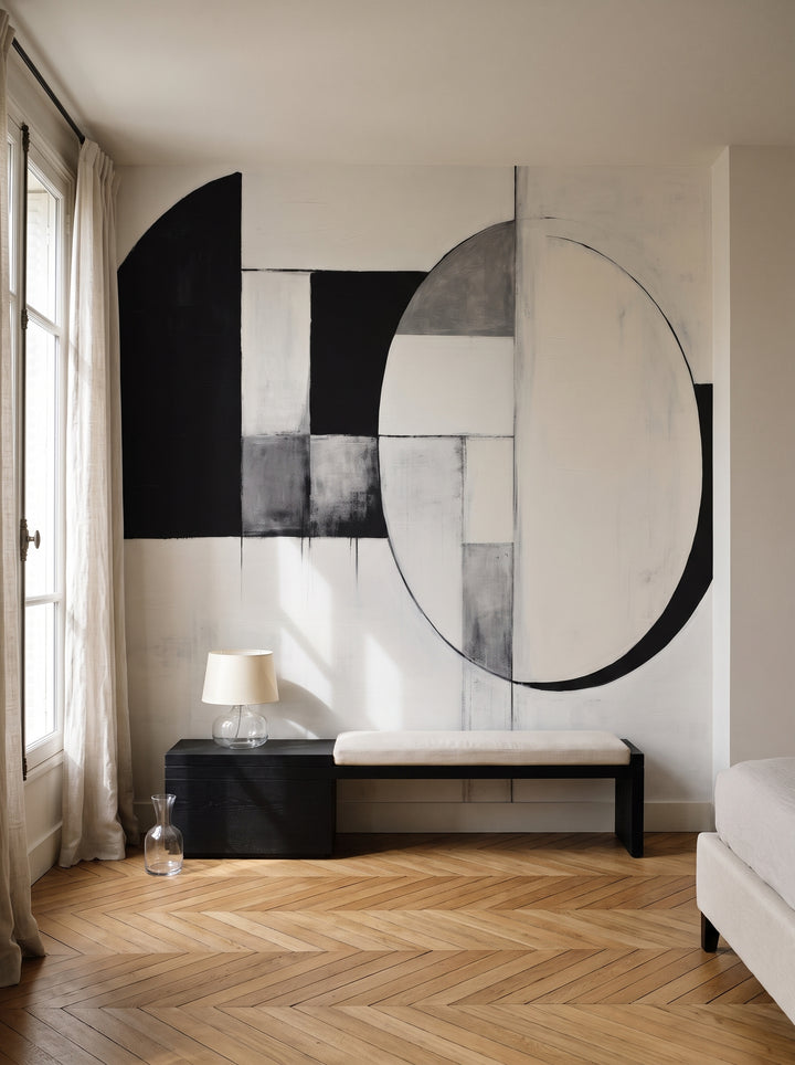 Fototapeta artystyczna o nazwie Minimalist Lunar Phase w aranżacji wnętrza: sypialnia w paryskim apartamencie.