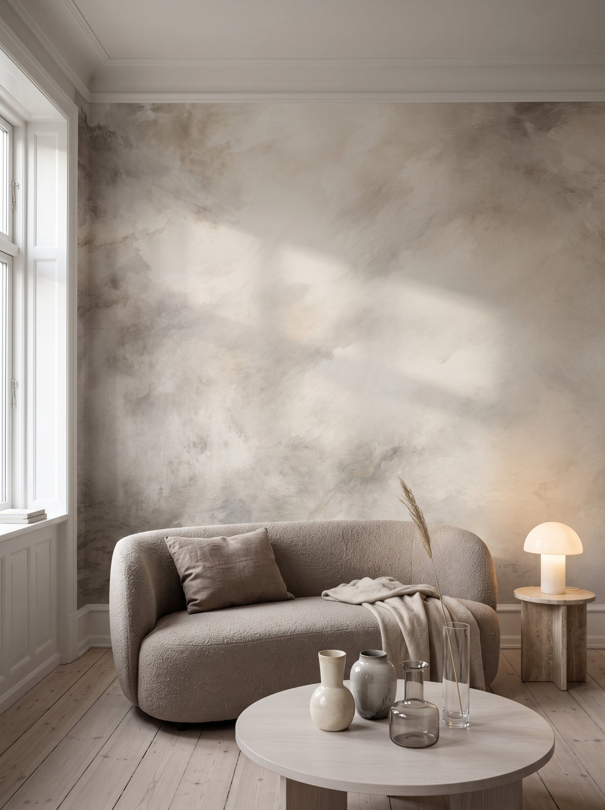 Fototapeta artystyczna o nazwie WHISPERING MIST MURAL w aranżacji wnętrza: kawalerka w kopenhaskiej kamienicy.