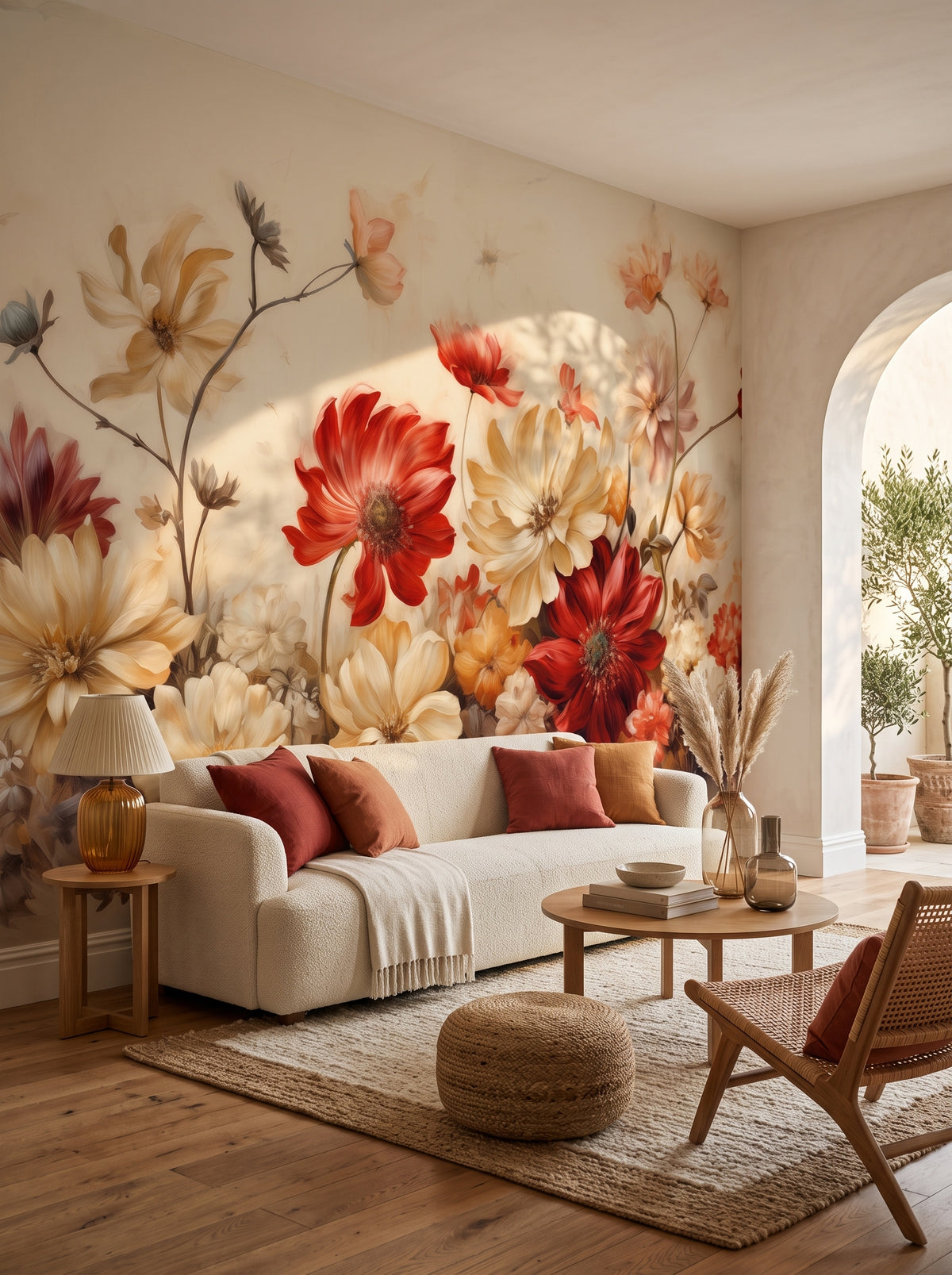 Fototapeta artystyczna o nazwie Autumn Floral Bouquet w aranżacji wnętrza: salon w wyrafinowanym stylu boho z wyjściem na taras.
