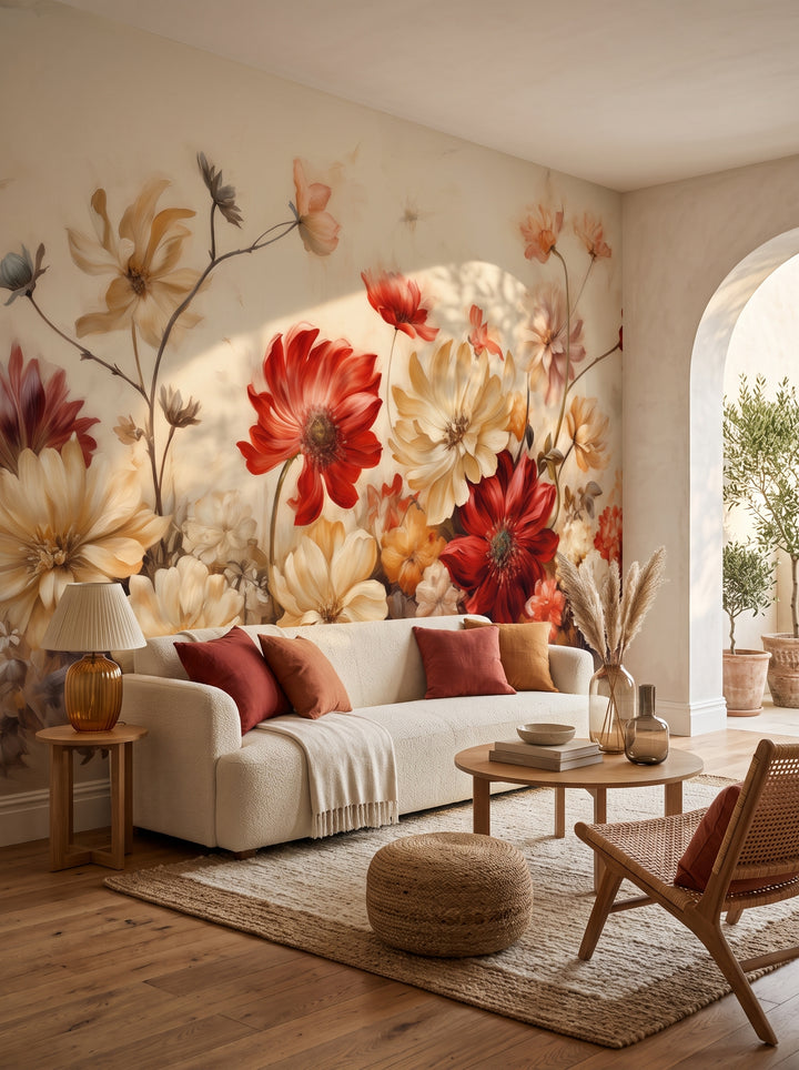 Fototapeta artystyczna o nazwie Autumn Floral Bouquet w aranżacji wnętrza: salon w wyrafinowanym stylu boho z wyjściem na taras.
