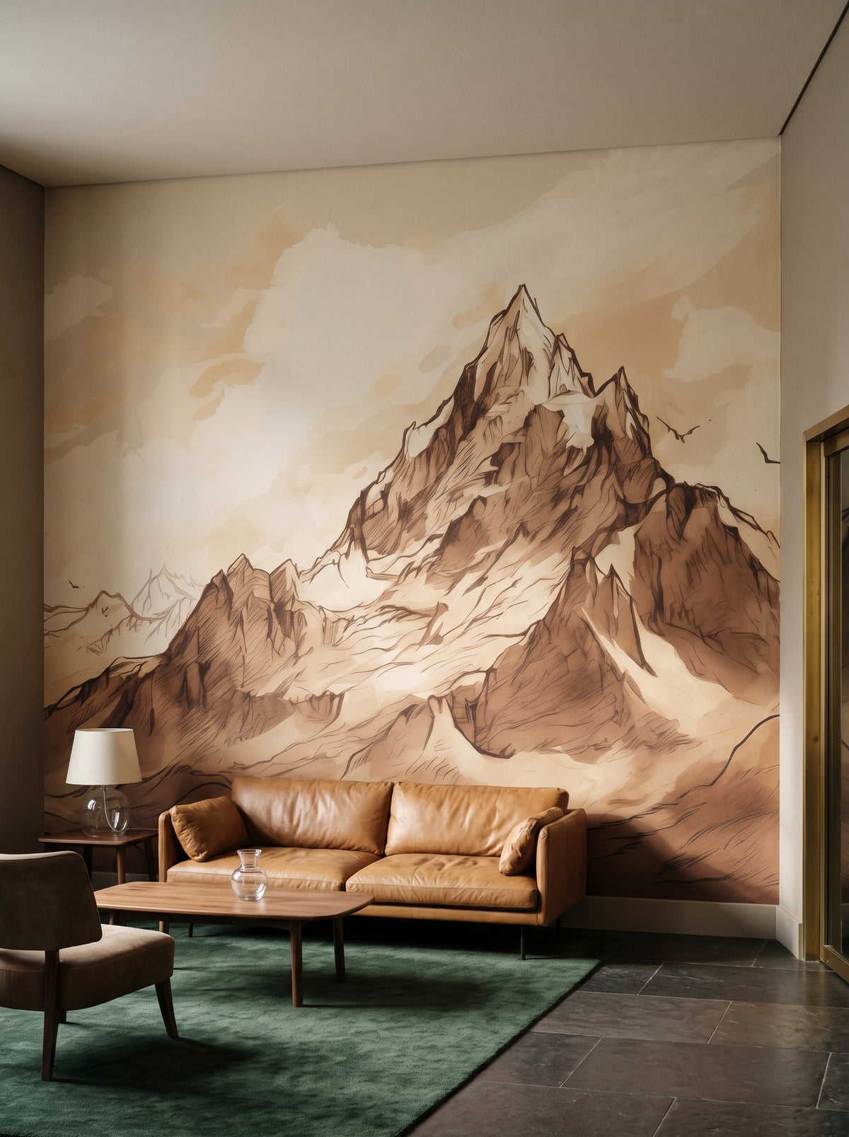 Fototapeta artystyczna o nazwie Timeless Summits w aranżacji wnętrza: lobby butikowego hotelu designerskiego.