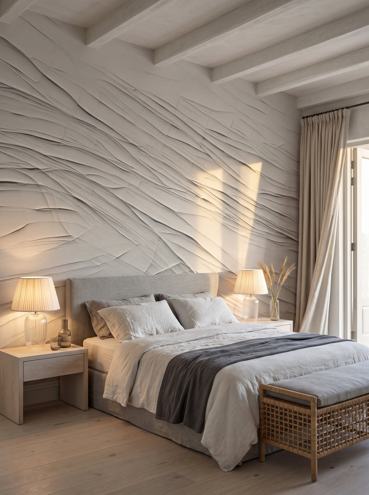 Papier peint panoramique artistique « Subtle Dynamics » dans un intérieur : chambre dans une résidence en bord de mer.