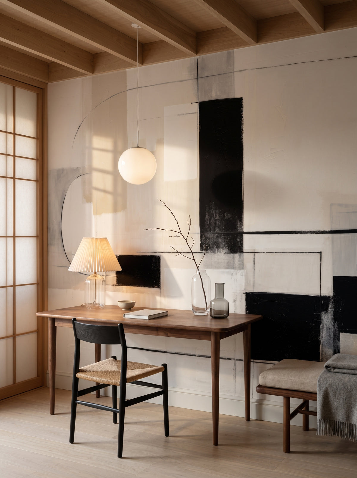 Fotomural artístico «Geometric Harmony #4» en un interior: despacho privado de estilo Japandi.