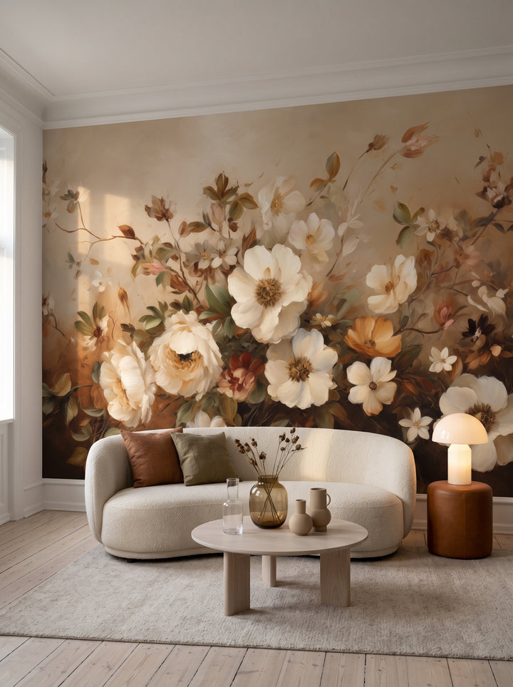 Fototapeta artystyczna o nazwie Gentle Floral Whisper w aranżacji wnętrza: kawalerka w kopenhaskiej kamienicy.