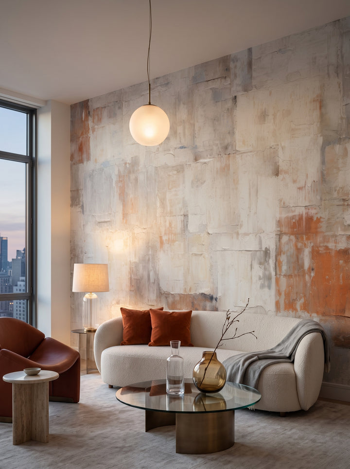 Fototapeta artystyczna o nazwie Mosaic of Serenity w aranżacji wnętrza: salon w penthousie na Manhattanie o zmierzchu.