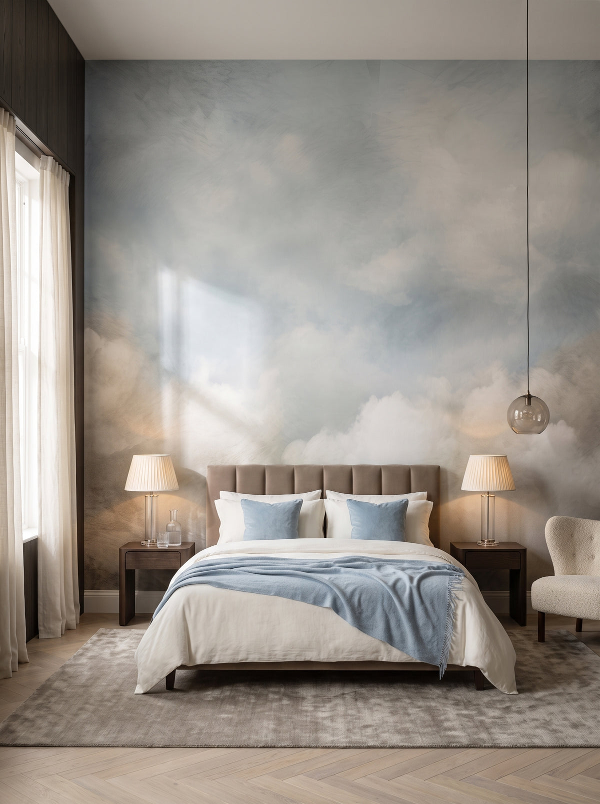 Fototapeta artystyczna o nazwie CELESTIAL WHISPER SKY w aranżacji wnętrza: apartament w pięciogwiazdkowym hotelu w stylu quiet luxury.