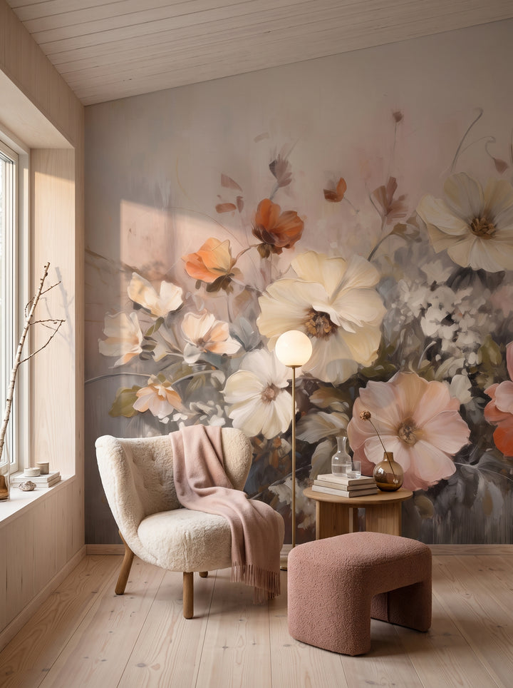 Fototapeta artystyczna o nazwie Ethereal Floral Blend w aranżacji wnętrza: kącik do czytania w skandynawskiej willi.