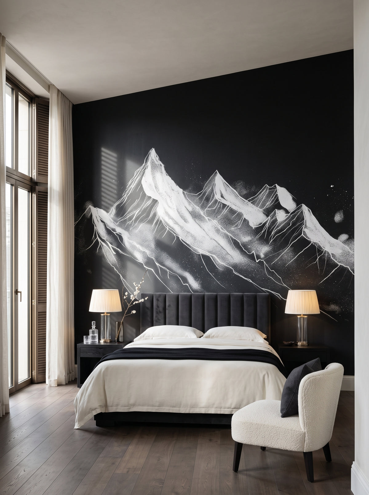 Fototapeta artystyczna o nazwie Nocturnal Summit w aranżacji wnętrza: apartament w pięciogwiazdkowym hotelu górskim.