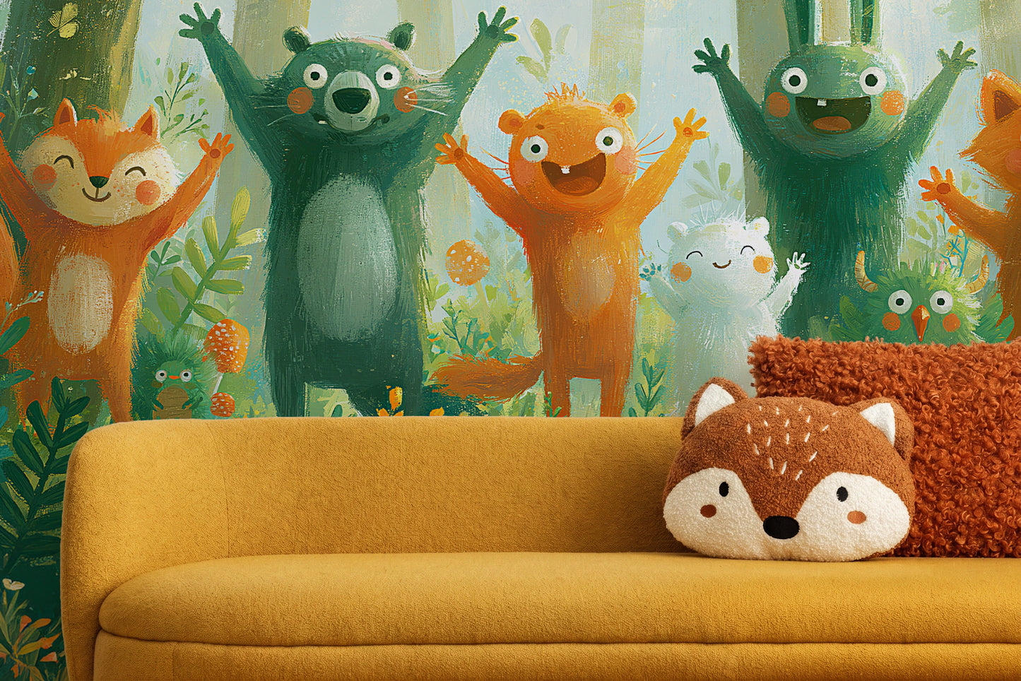 HAPPY CLEARING - tapeta z leśnymi zwierzętami na polanie — CHILDREN'S ROOM - CLOSE UP ON THE PATTERN