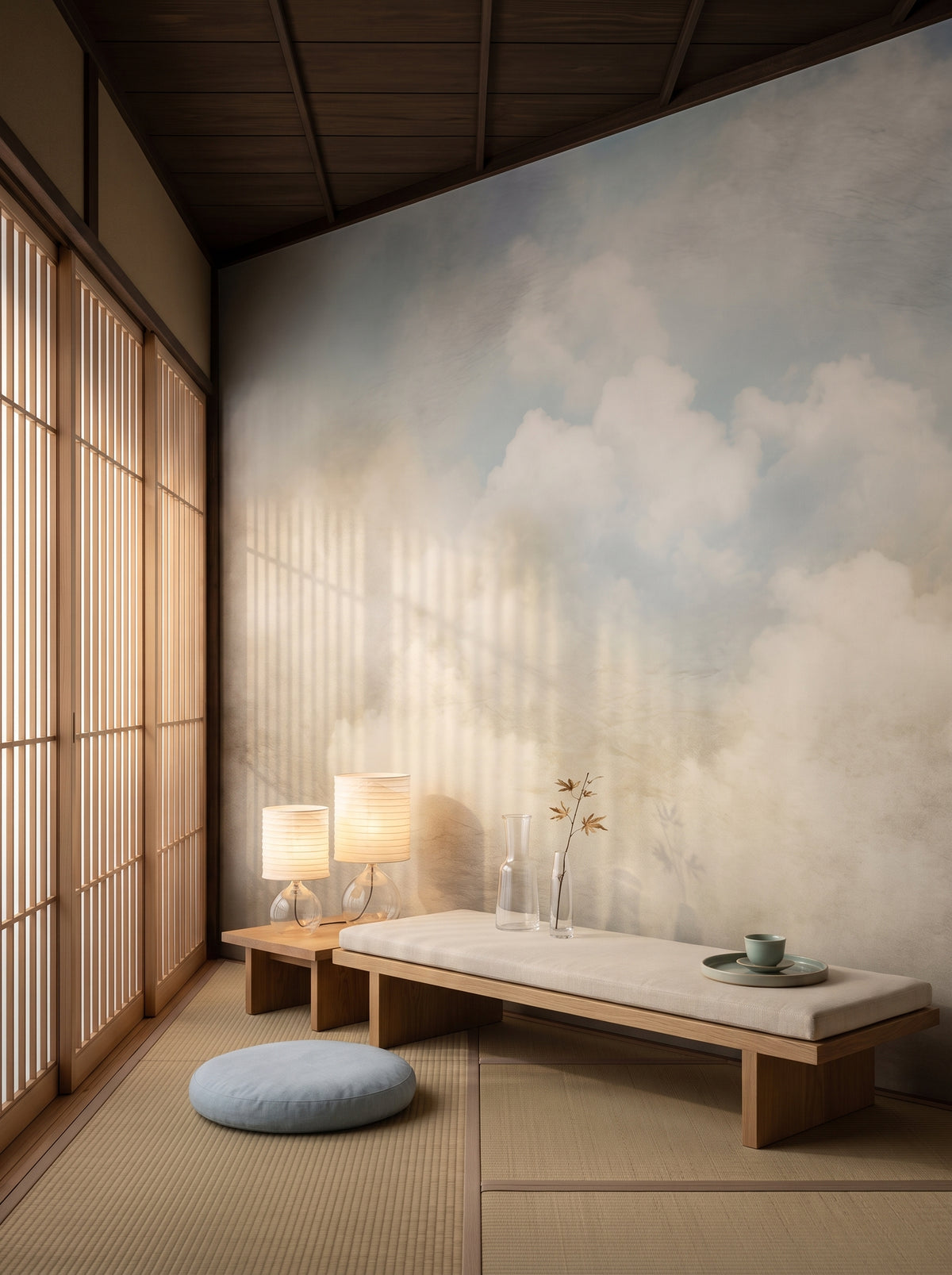 Künstlerische Fototapete „SOFT SKIES INFINITY“ im Interieur: Lounge in einem Hotelkorridor in Kyoto.