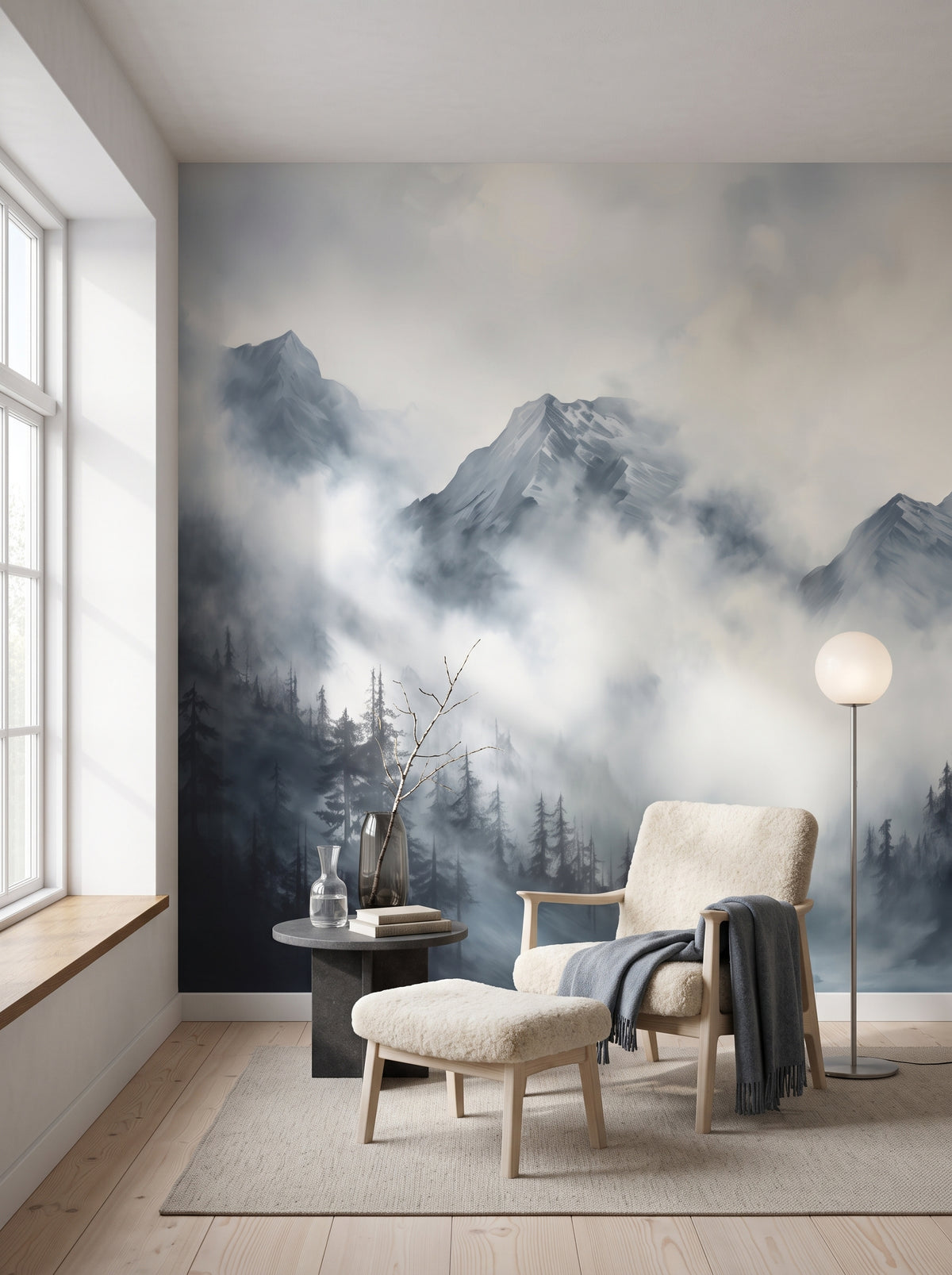 Papier peint panoramique artistique « Stormy Mountain Vista » dans un intérieur : coin lecture dans une villa scandinave.
