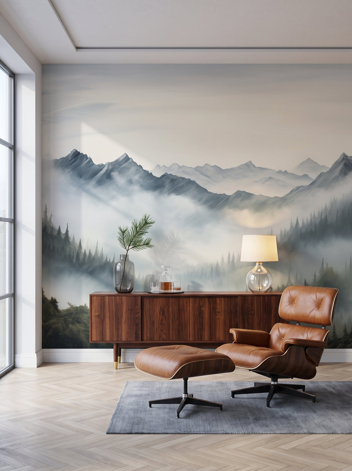 Fototapeta artystyczna o nazwie Tranquil Dawn w aranżacji wnętrza: salon kolekcjonera w stylu mid-century modern.