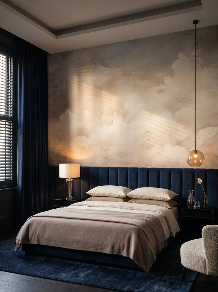 Fototapeta artystyczna o nazwie GOLDEN MIST HAVEN w aranżacji wnętrza: ciemna, otulająca sypialnia w hotelu butikowym.