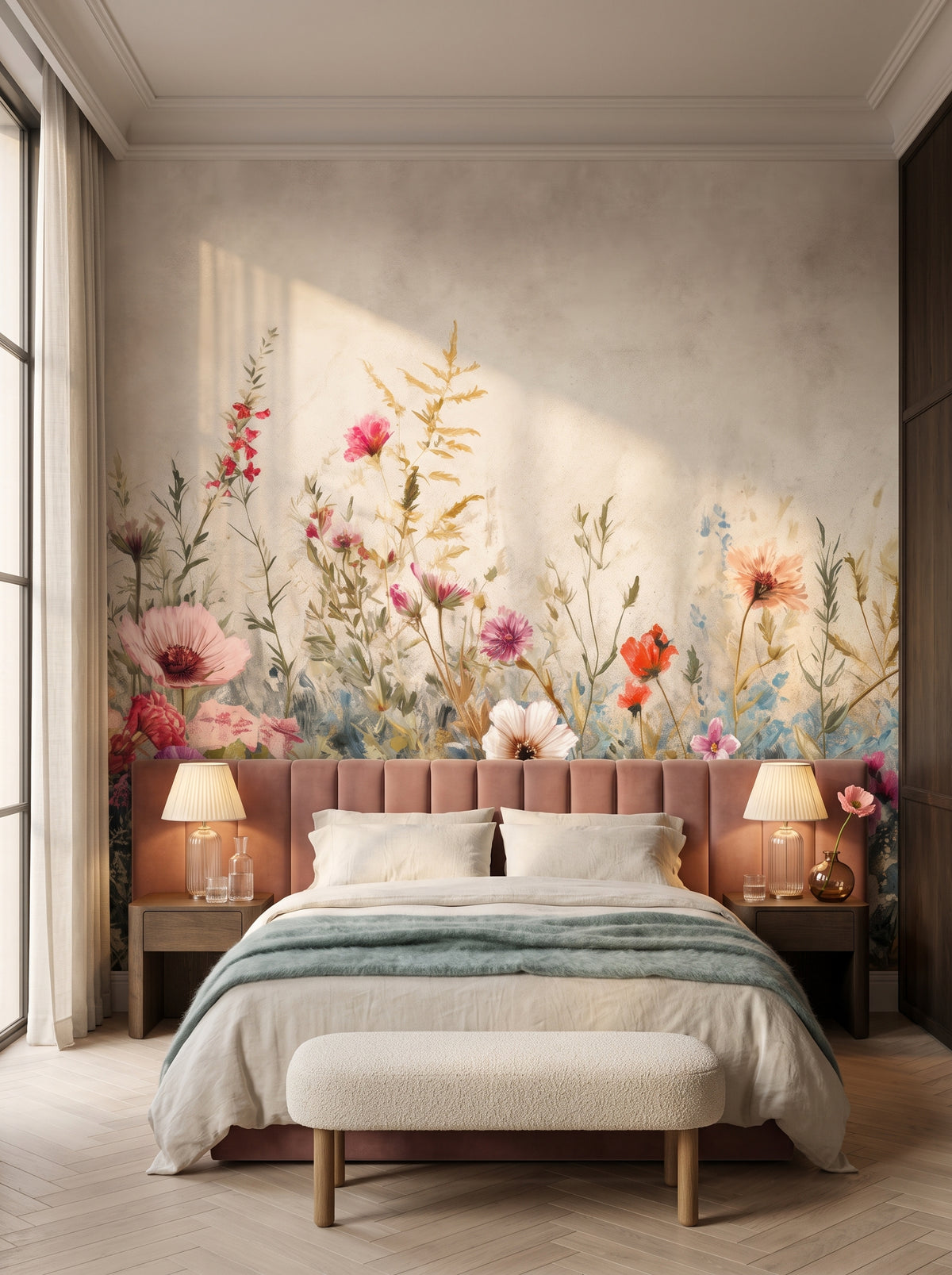 Fototapeta artystyczna o nazwie Blossoming Elegance w aranżacji wnętrza: apartament w pięciogwiazdkowym hotelu w stylu quiet luxury.