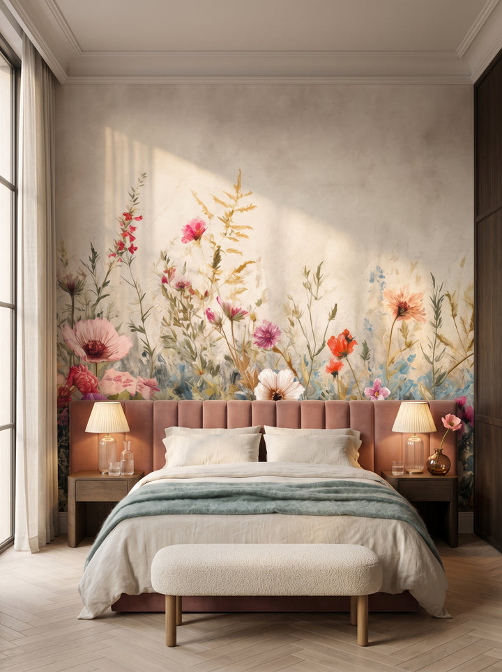 Fototapeta artystyczna o nazwie Blossoming Elegance w aranżacji wnętrza: apartament w pięciogwiazdkowym hotelu w stylu quiet luxury.