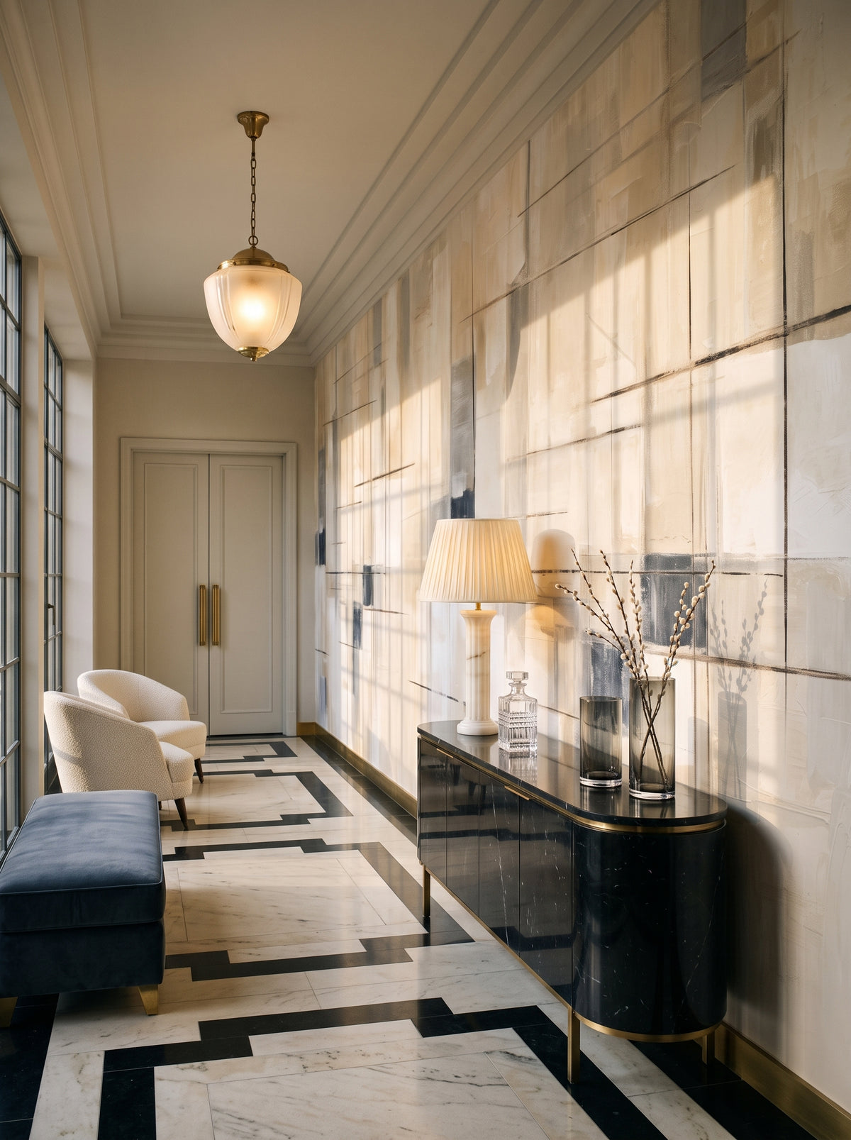 Fototapeta artystyczna o nazwie Linear Contrast w aranżacji wnętrza: galeria wejściowa w apartamencie Art Deco.