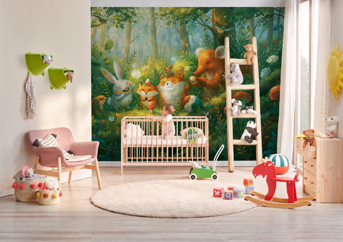 MUSHROOM CIRCLE - malowana leśna polana ze zwierzętami — BABY'S ROOM WITH A COT AND A BABY