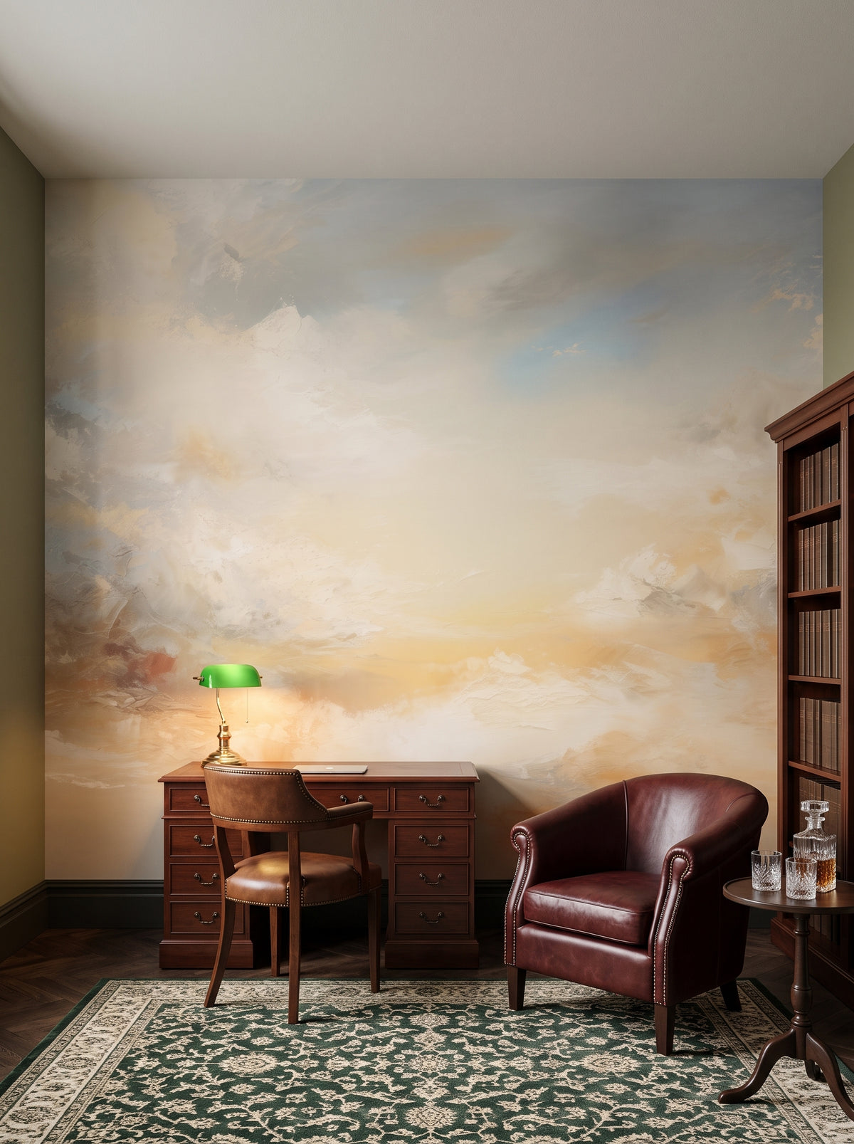 Fototapeta artystyczna o nazwie SUNSET SERENITY CANVAS w aranżacji wnętrza: prywatna biblioteka w angielskim stylu klubowym.