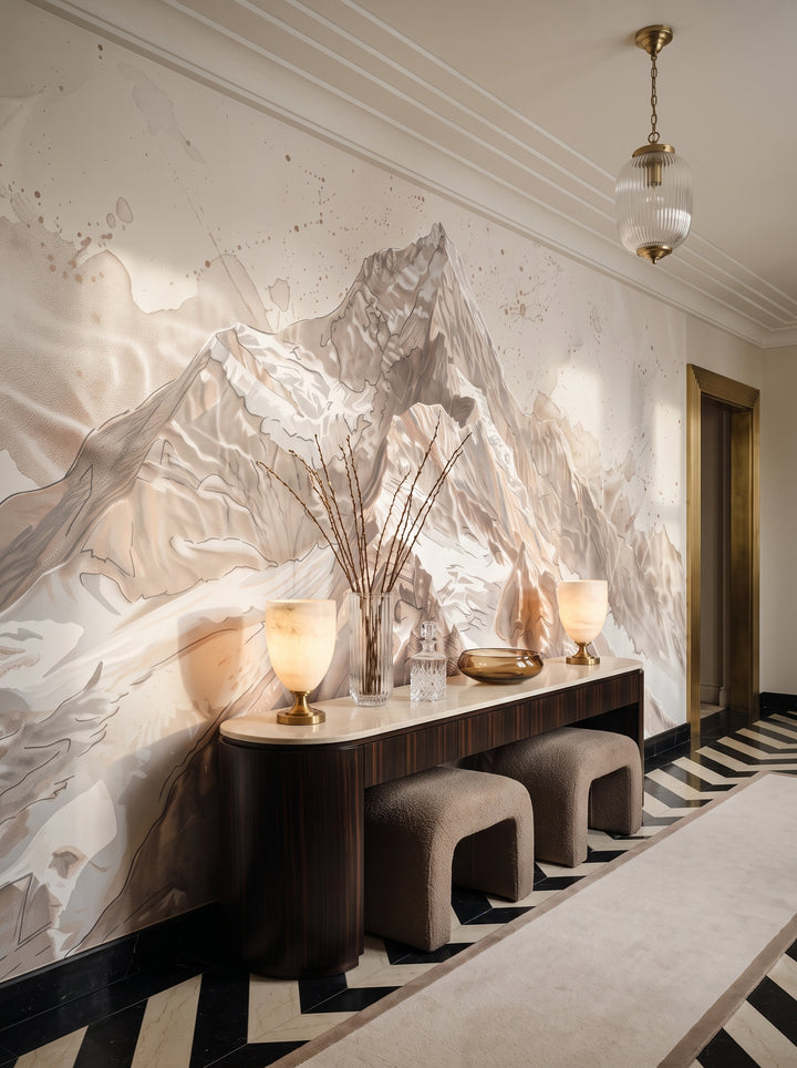 Fototapeta artystyczna o nazwie Sepia Alpine Grandeur w aranżacji wnętrza: galeria wejściowa w apartamencie Art Deco.