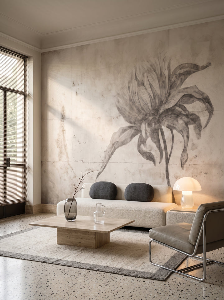Fototapeta artystyczna o nazwie ETHEREAL FLEUR w aranżacji wnętrza: salon w mediolańskim apartamencie z lat 70..